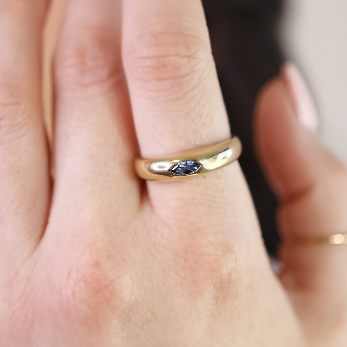 14k Gold Minimalist Dome Ring With Marquise London Blue Topaz - Melt'm Jewelry