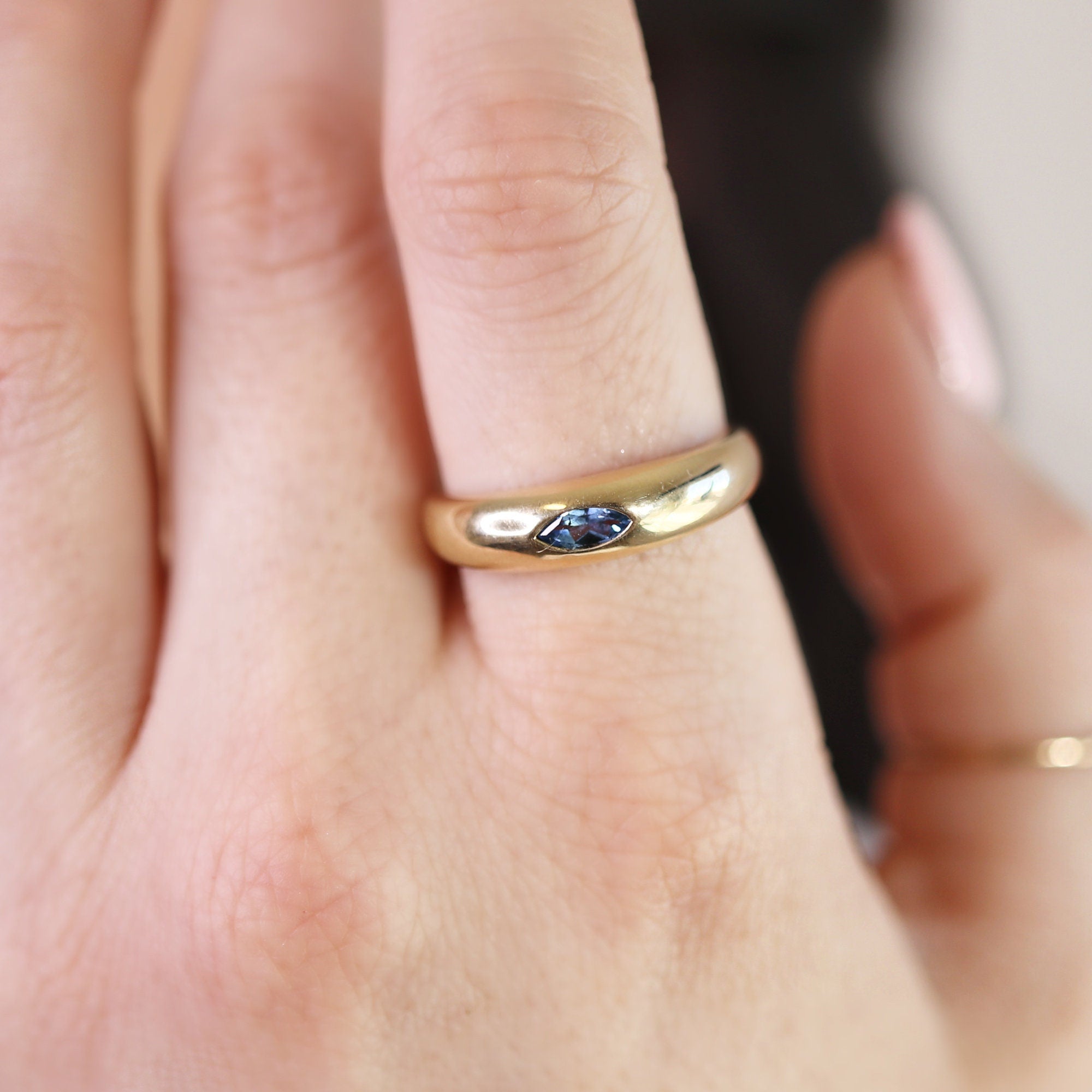 14k Gold Minimalist Dome Ring With Marquise London Blue Topaz - Melt'm Jewelry