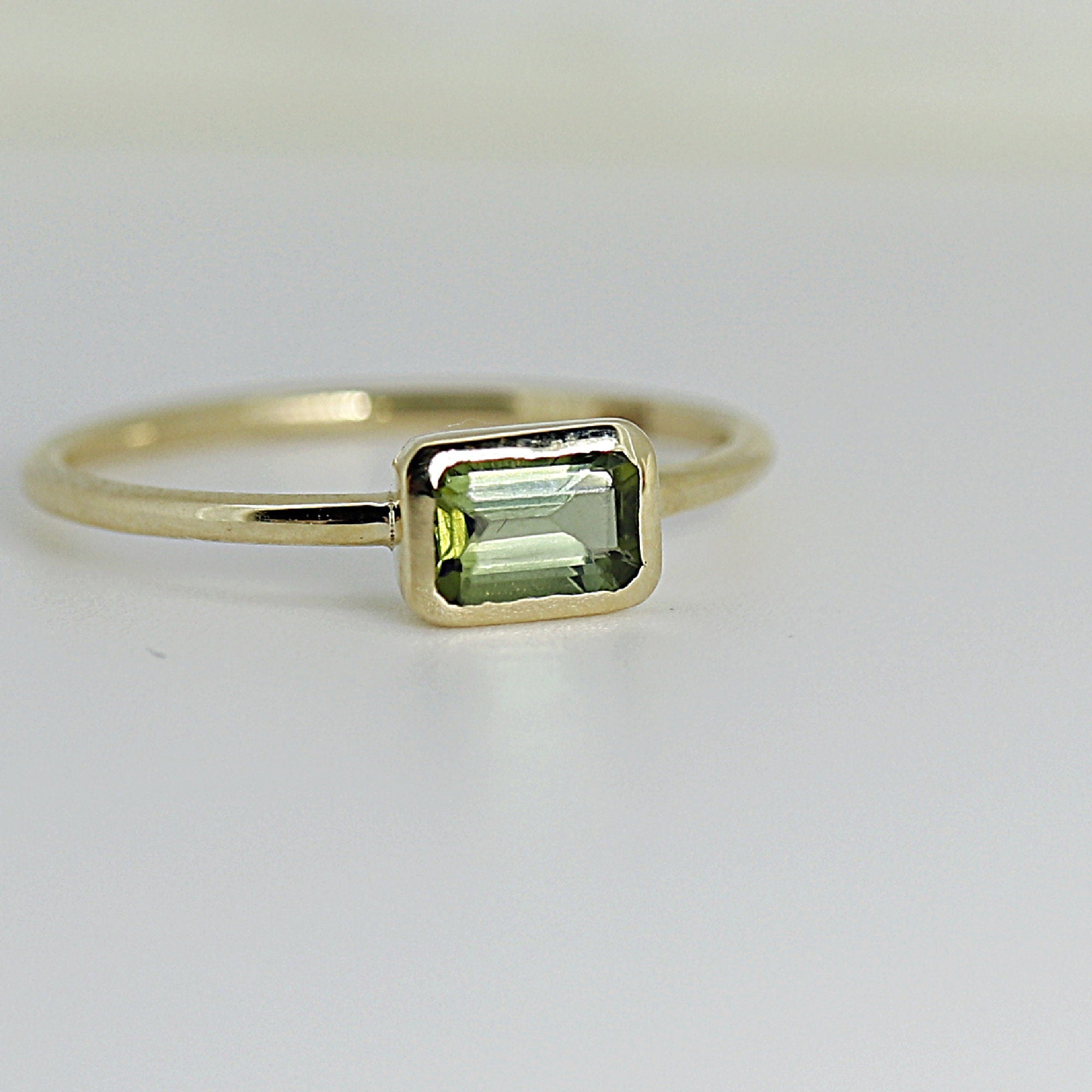 Emerald Cut Bezel Set Green Tourmaline Ring in 14k Gold - Melt'm Jewelry