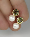 Pearl and Green Tourmaline Earrings 18k Solid Gold