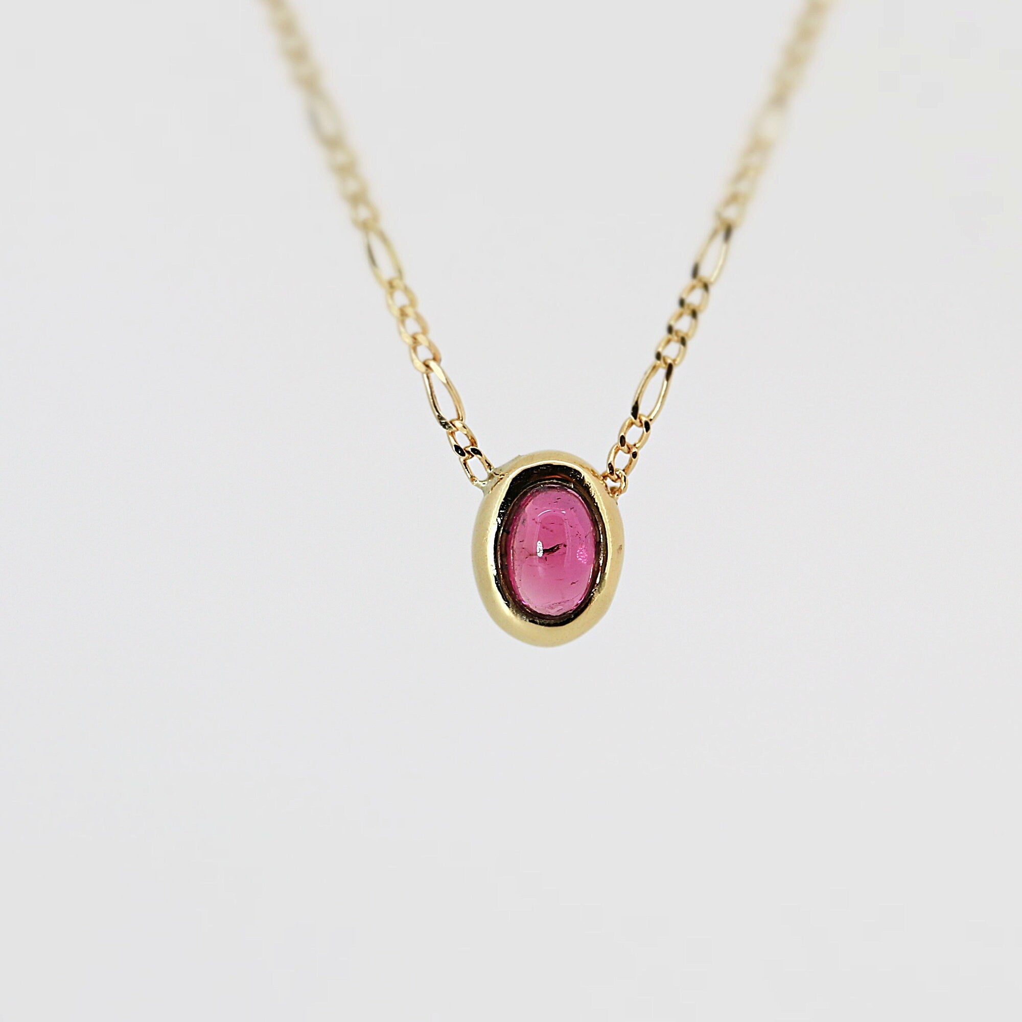 Pink Tourmaline Necklace in 14k Gold Figaro Chain