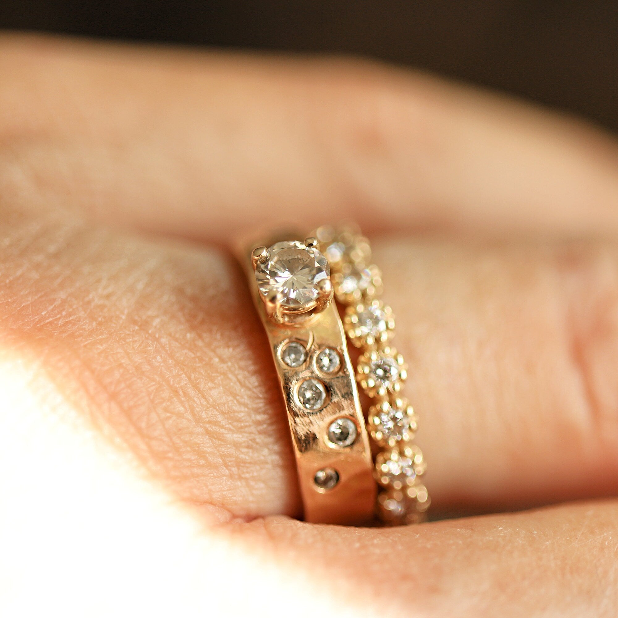 14k Gold Flush Set Diamond Wedding Band, Diamond Gypsy Ring