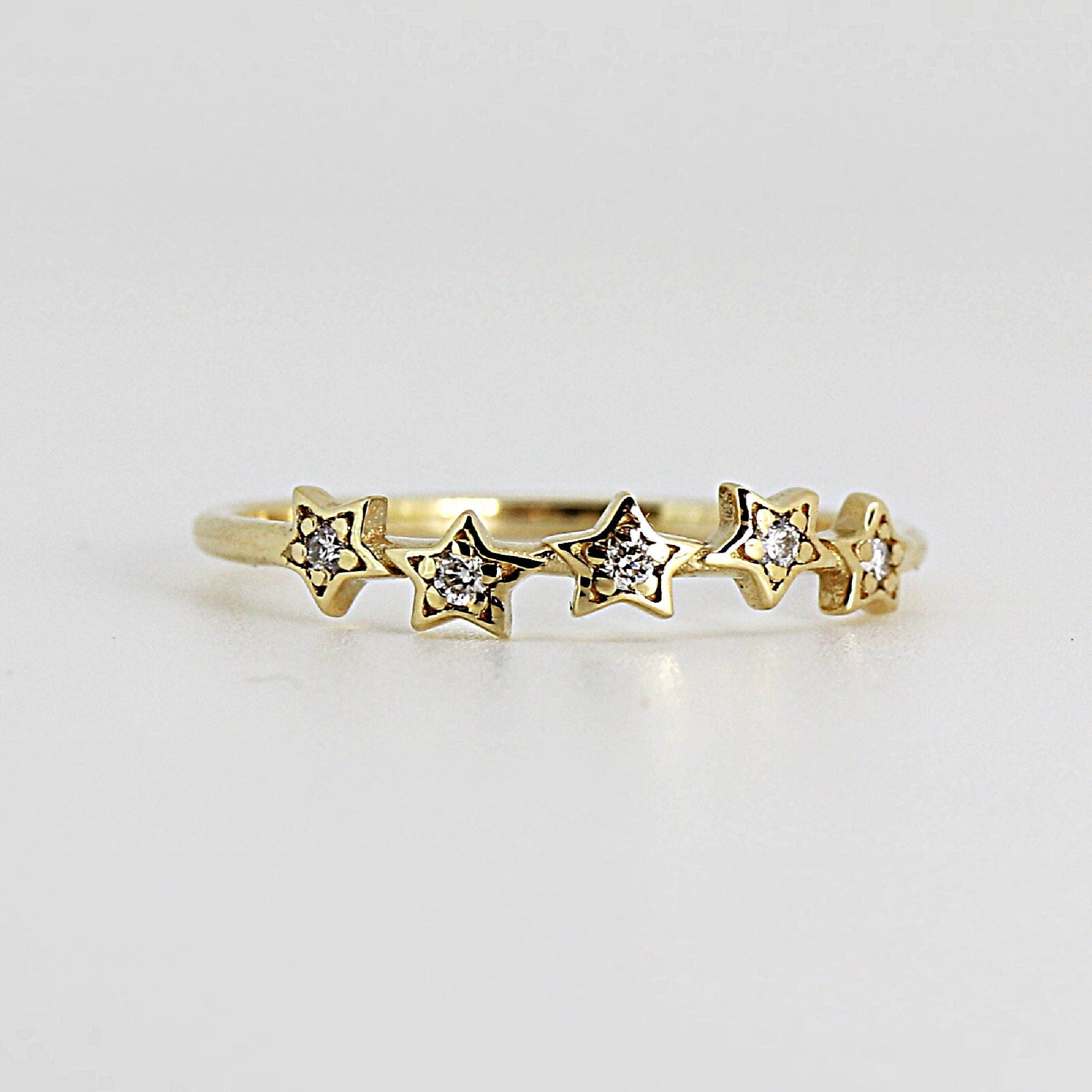 Diamond Star Ring 14k Gold – Five Star Celestial Wedding Band, Natural Diamond Stacking Ring, Dainty Gold Star Band Gift for Her - Melt'm Jewelry