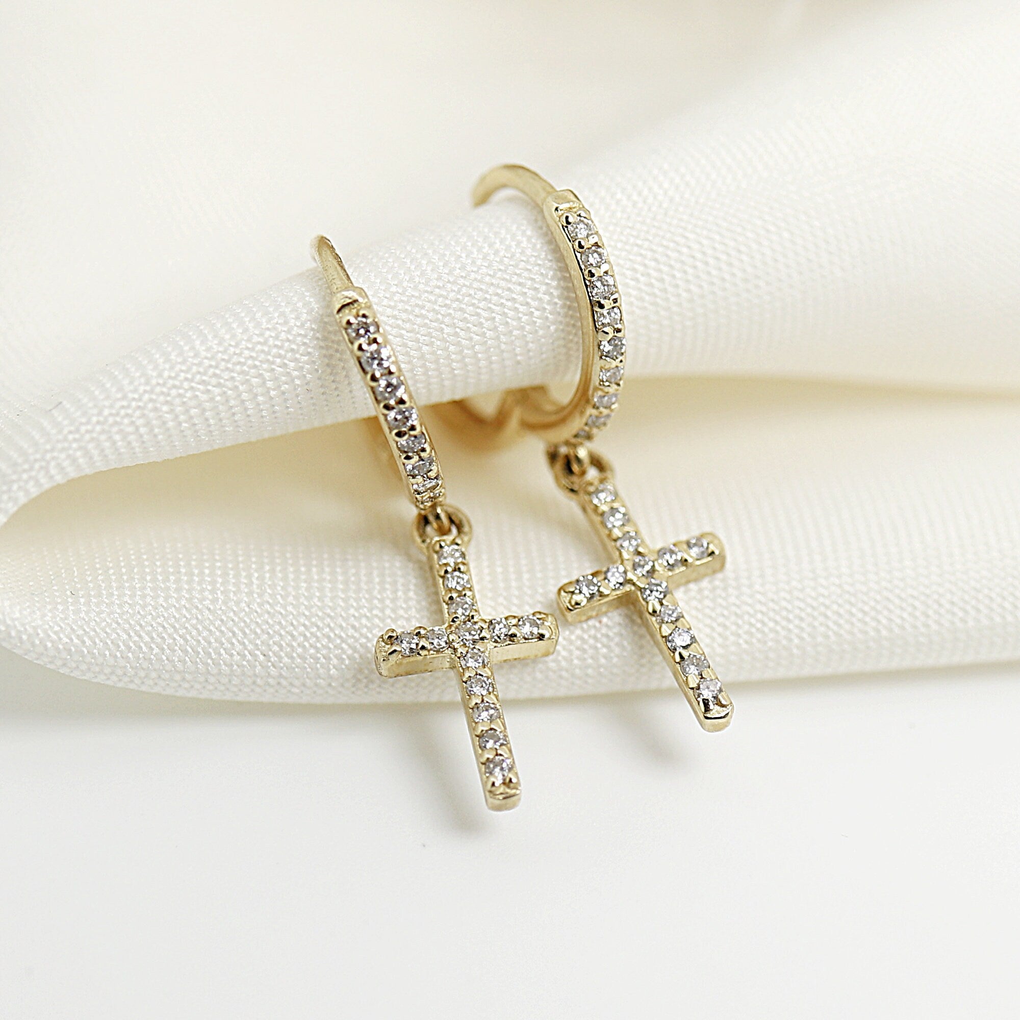 Diamond Cross Hoop Earrings, Gold Hoop Dangle Earrings