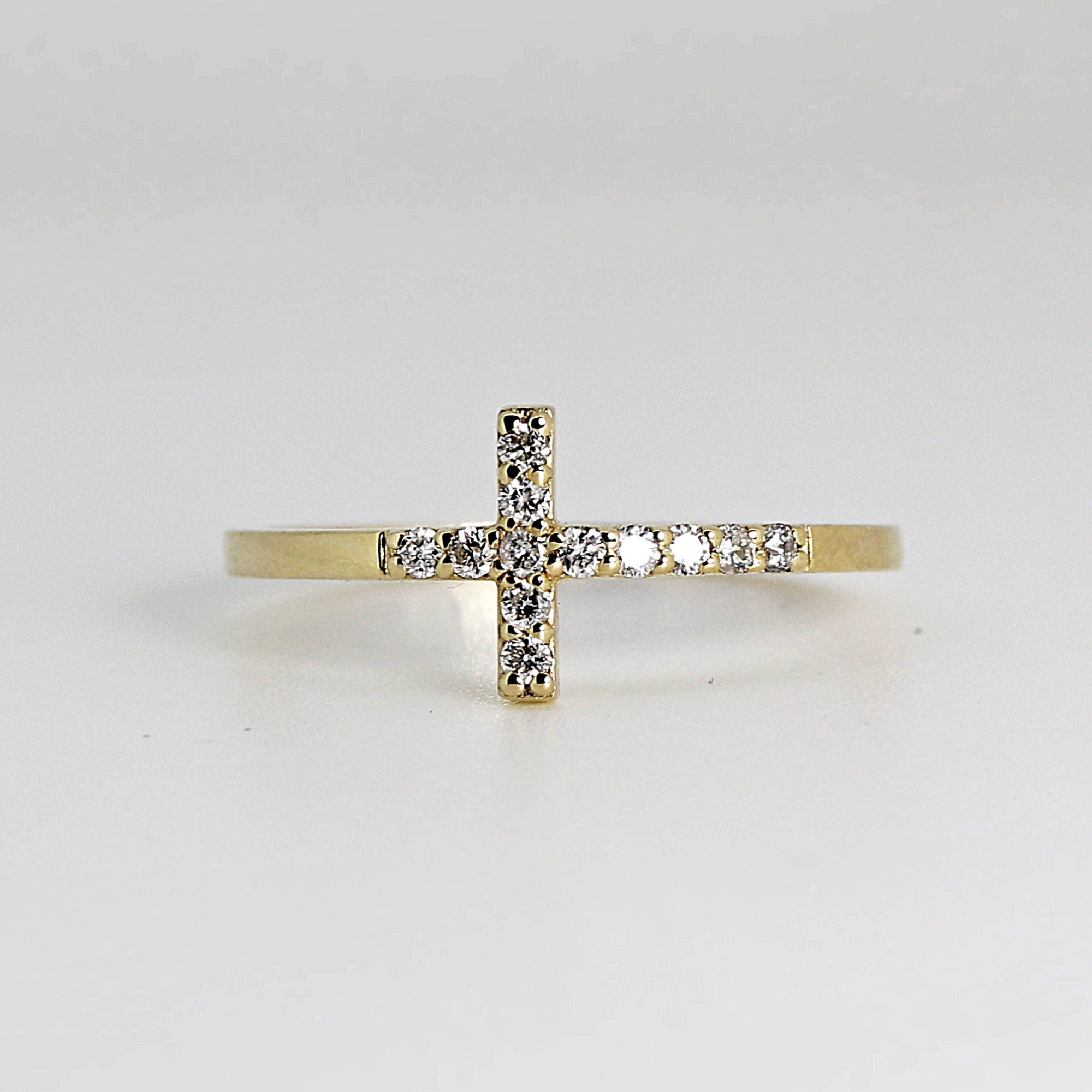 14k Solid Gold Cross Ring, Diamond Cross Ring