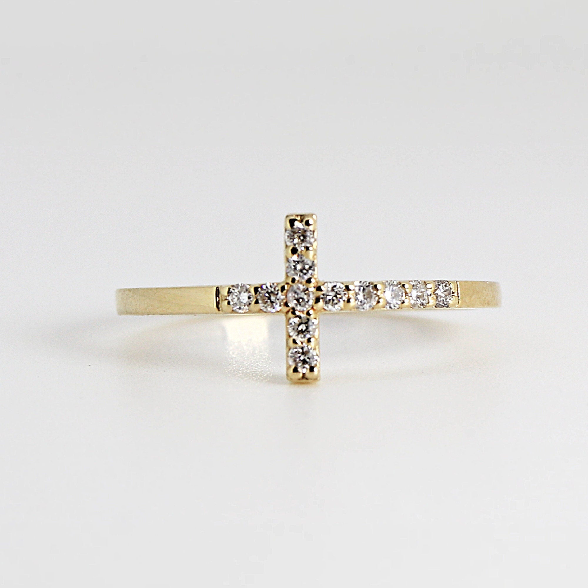 14k Solid Gold Cross Ring, Diamond Cross Ring