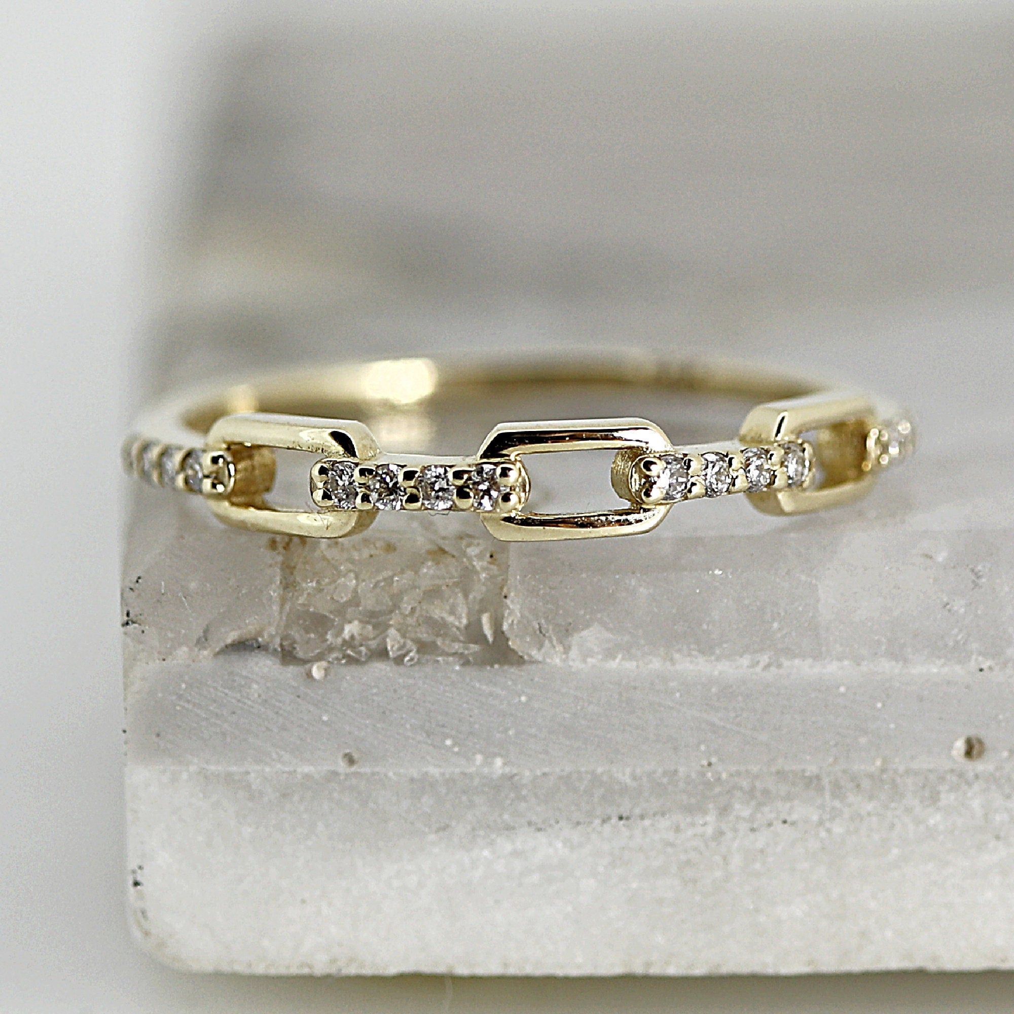 Diamond Chain Ring, Link Ring, Rectangular Chain Link Ring