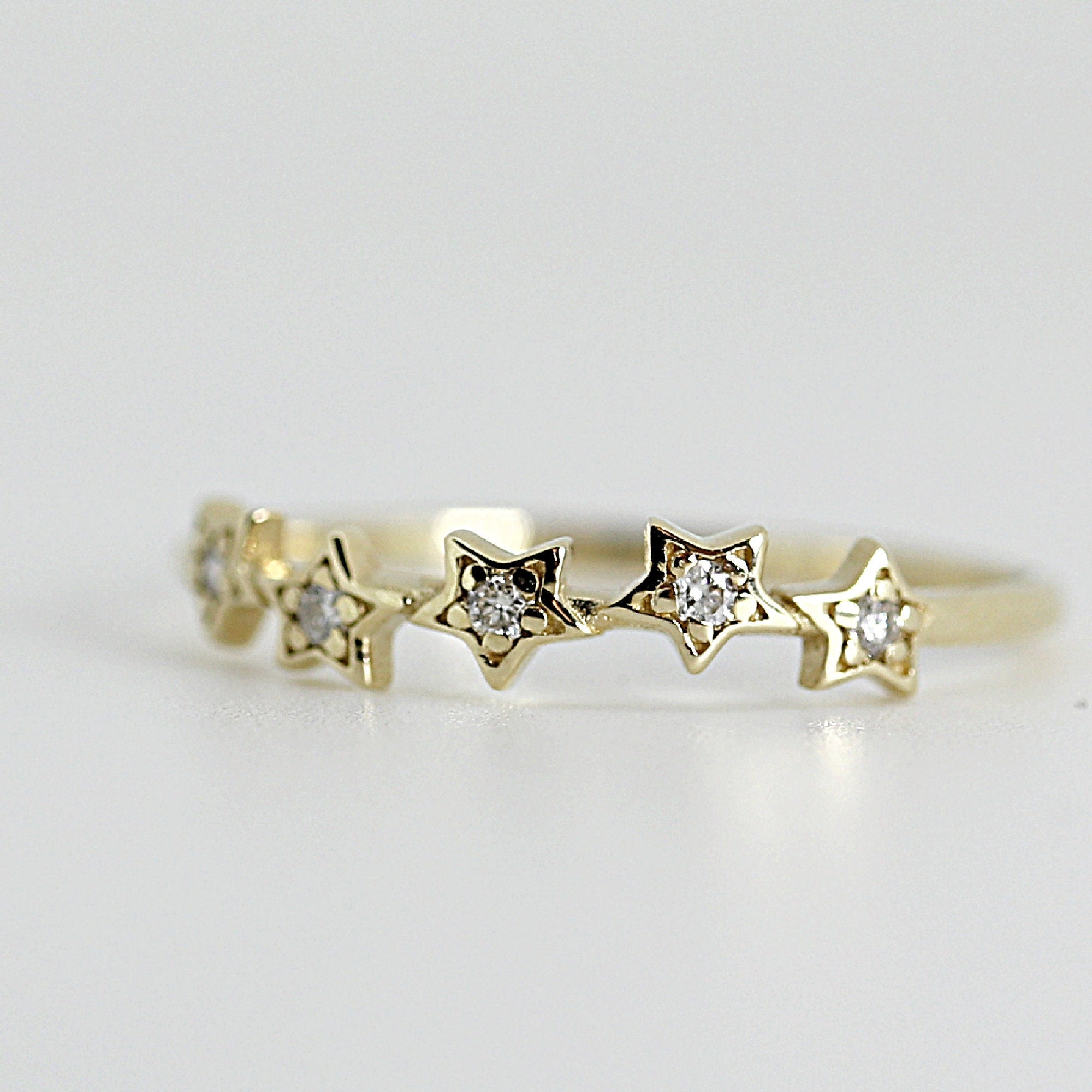 Diamond Star Ring 14k Gold – Five Star Celestial Wedding Band, Natural Diamond Stacking Ring, Dainty Gold Star Band Gift for Her - Melt'm Jewelry