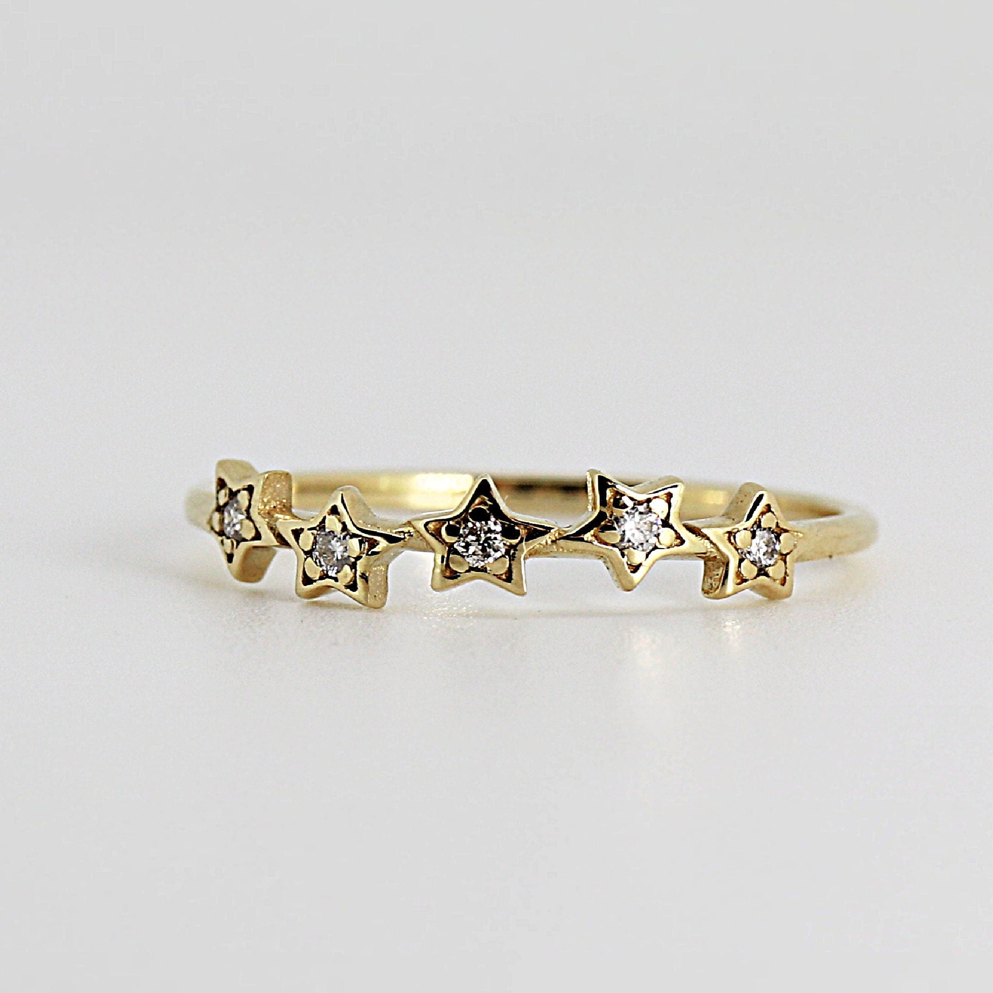 Diamond Star Ring 14k Gold – Five Star Celestial Wedding Band, Natural Diamond Stacking Ring, Dainty Gold Star Band Gift for Her - Melt'm Jewelry