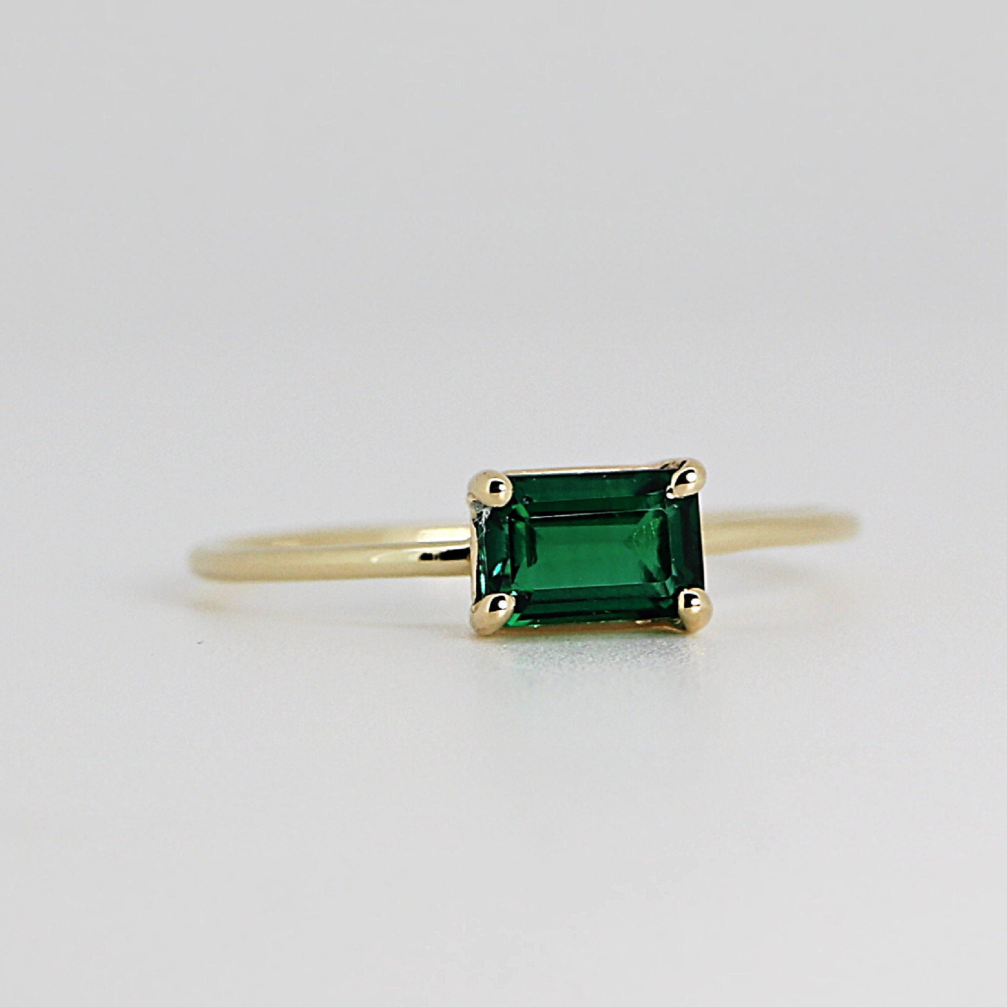East West Emerald Cut Emerald Ring in 14k Solid Gold - Melt'm Jewelry