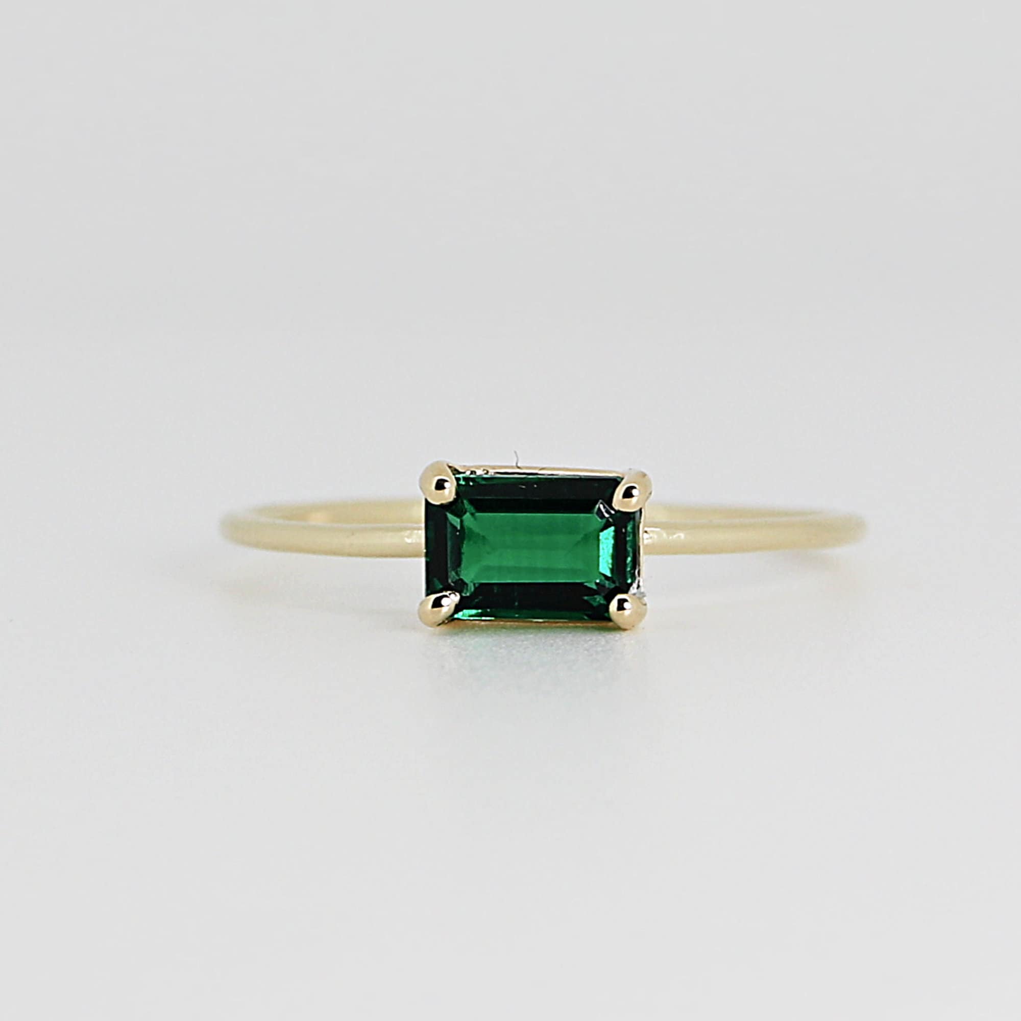 East West Emerald Cut Emerald Ring 14k Solid Gold