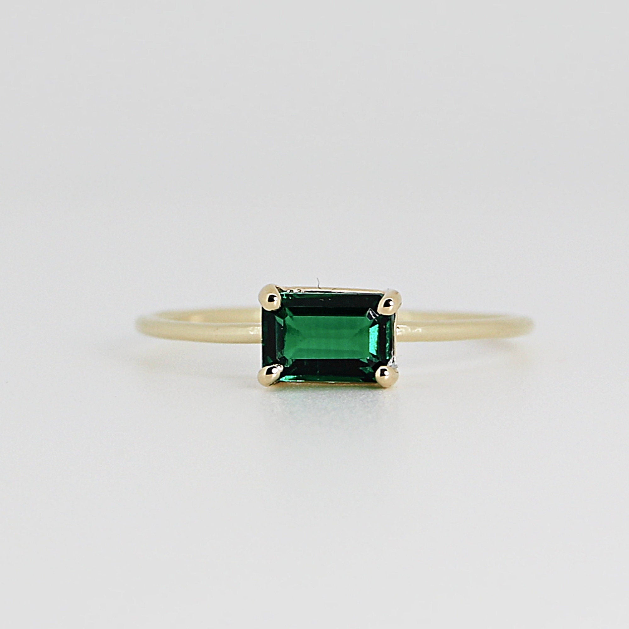 East West Emerald Cut Emerald Ring in 14k Solid Gold - Melt'm Jewelry