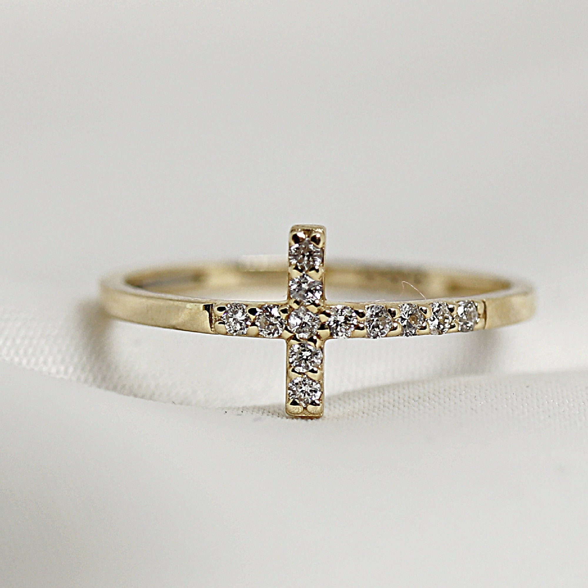 14k Solid Gold Cross Ring, Diamond Cross Ring