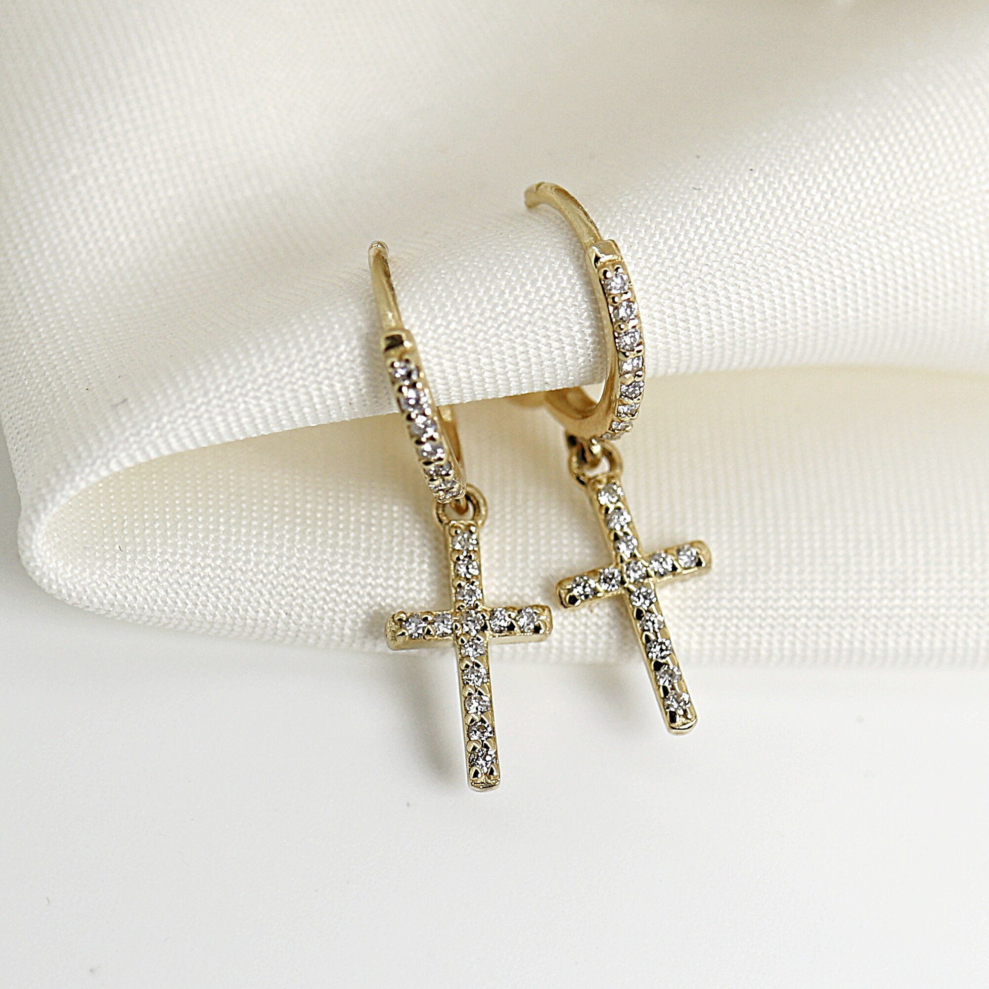 Diamond Cross Hoop Earrings, Gold Hoop Dangle Earrings