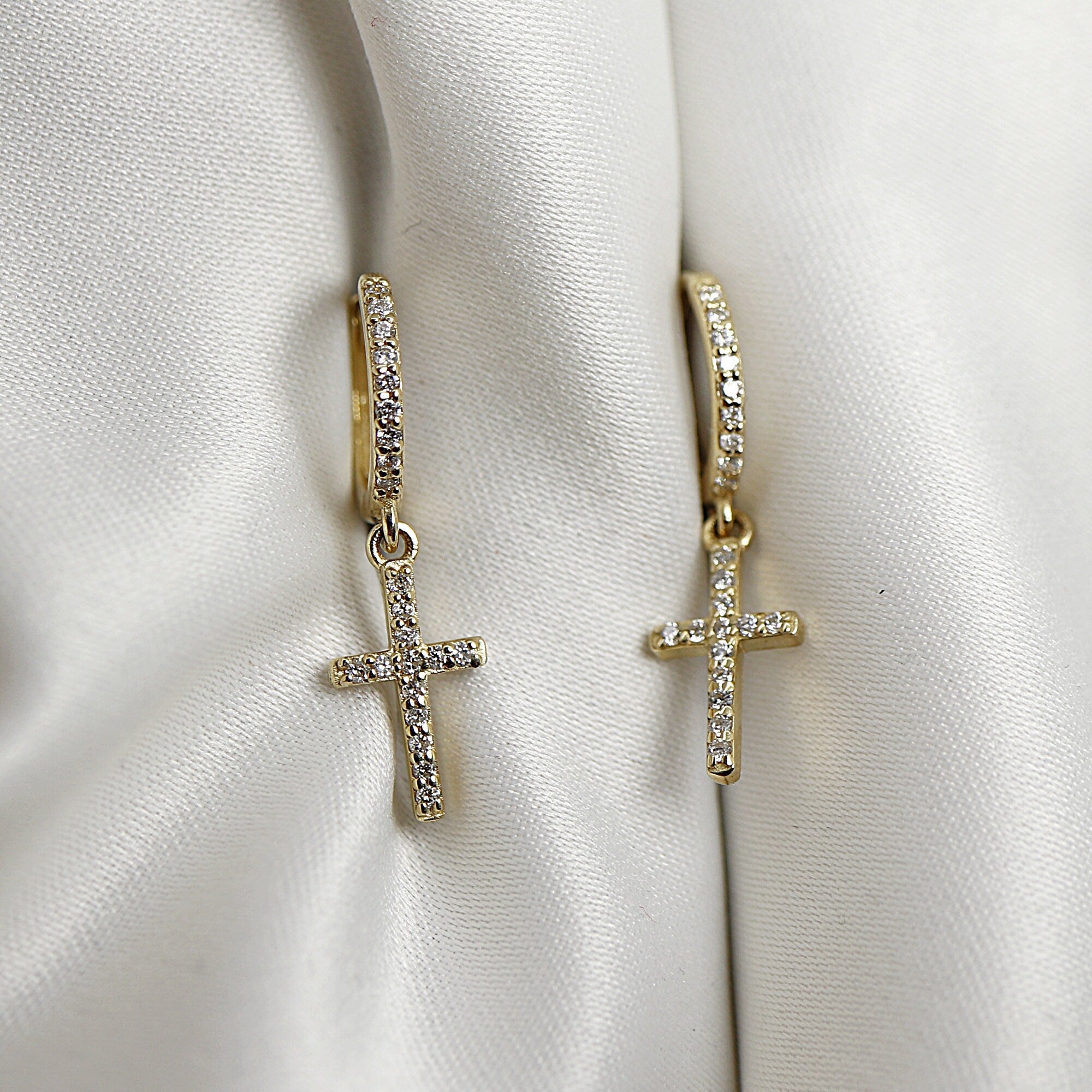 Diamond Cross Hoop Earrings, Gold Hoop Dangle Earrings