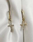 Diamond Cross Hoop Earrings, Gold Hoop Dangle Earrings