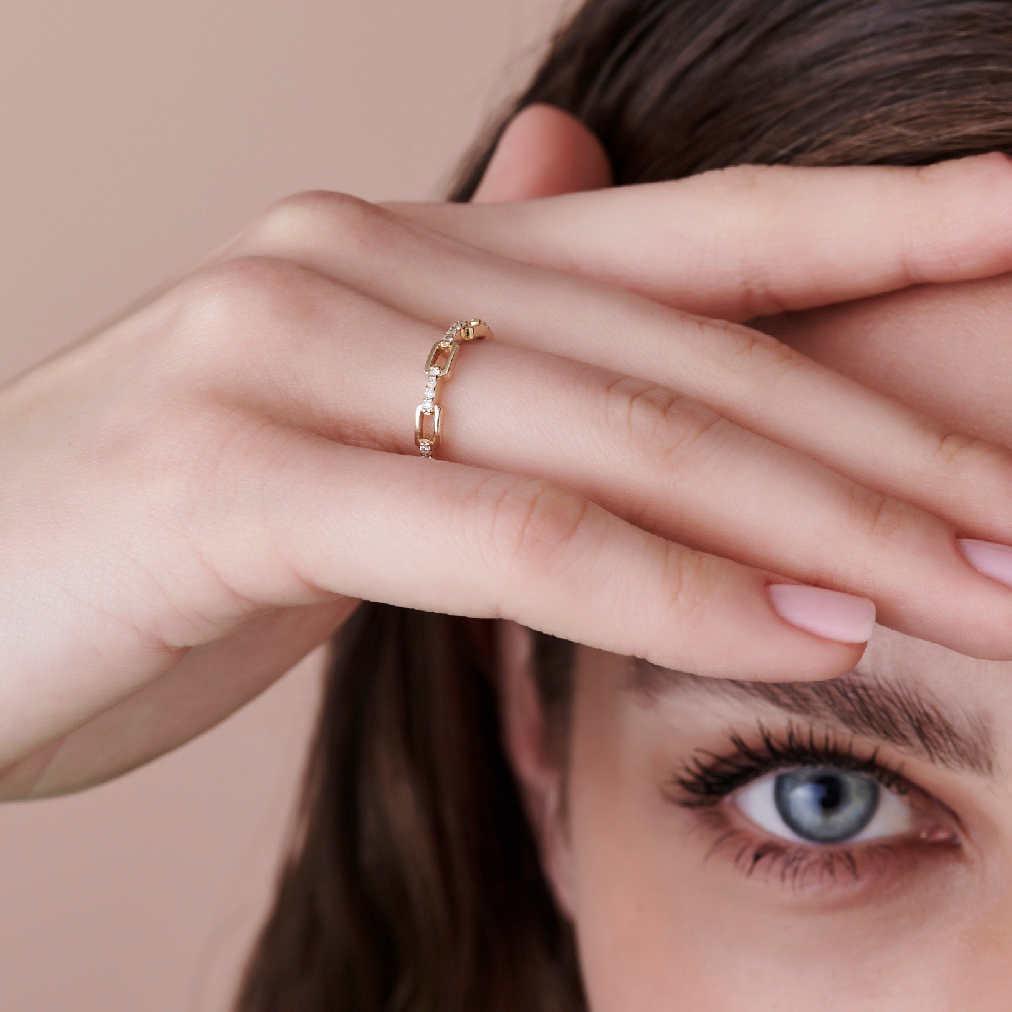 Diamond Chain Ring, Link Ring, Rectangular Chain Link Ring