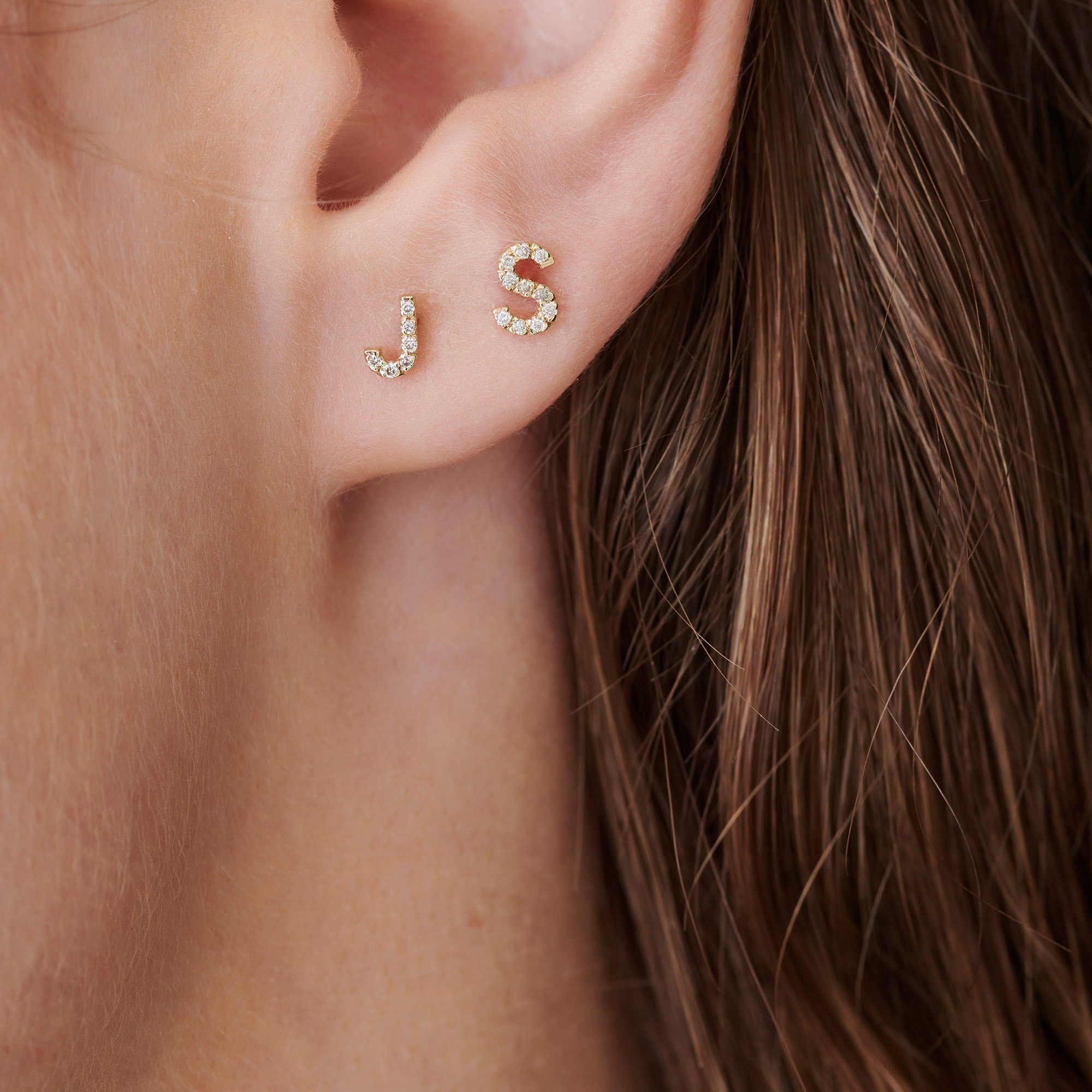 Diamond Initials Stud Earrings in 14k Gold (SINGLE or PAIR) - Melt'm Jewelry