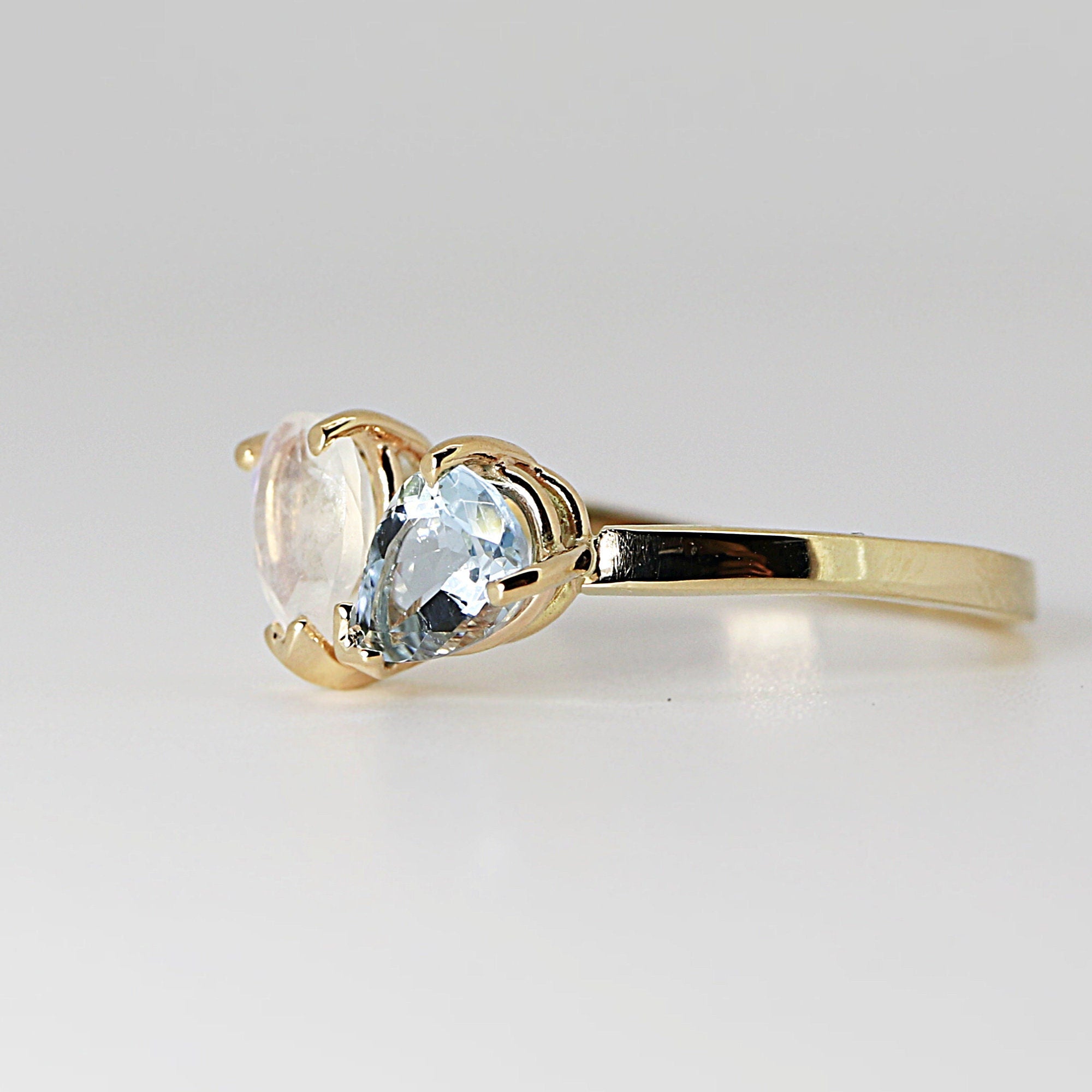 Toi et Moi Ring 14k Gold, Moonstone &amp; Aquamarine Engagement Ring, You and Me Ring