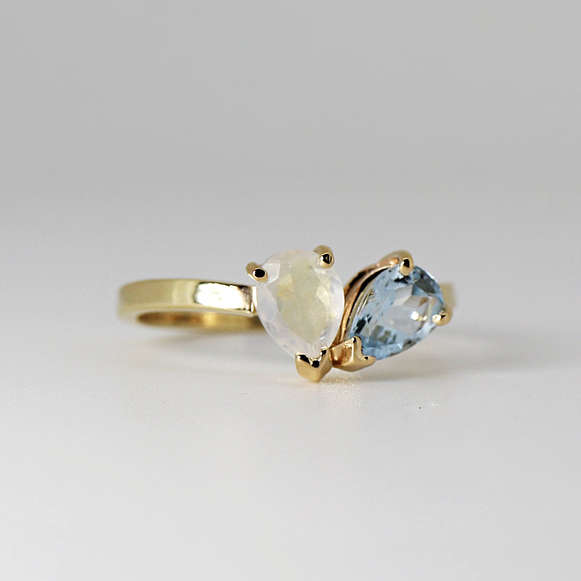 Toi et Moi Ring 14k Gold, Moonstone &amp; Aquamarine Engagement Ring, You and Me Ring