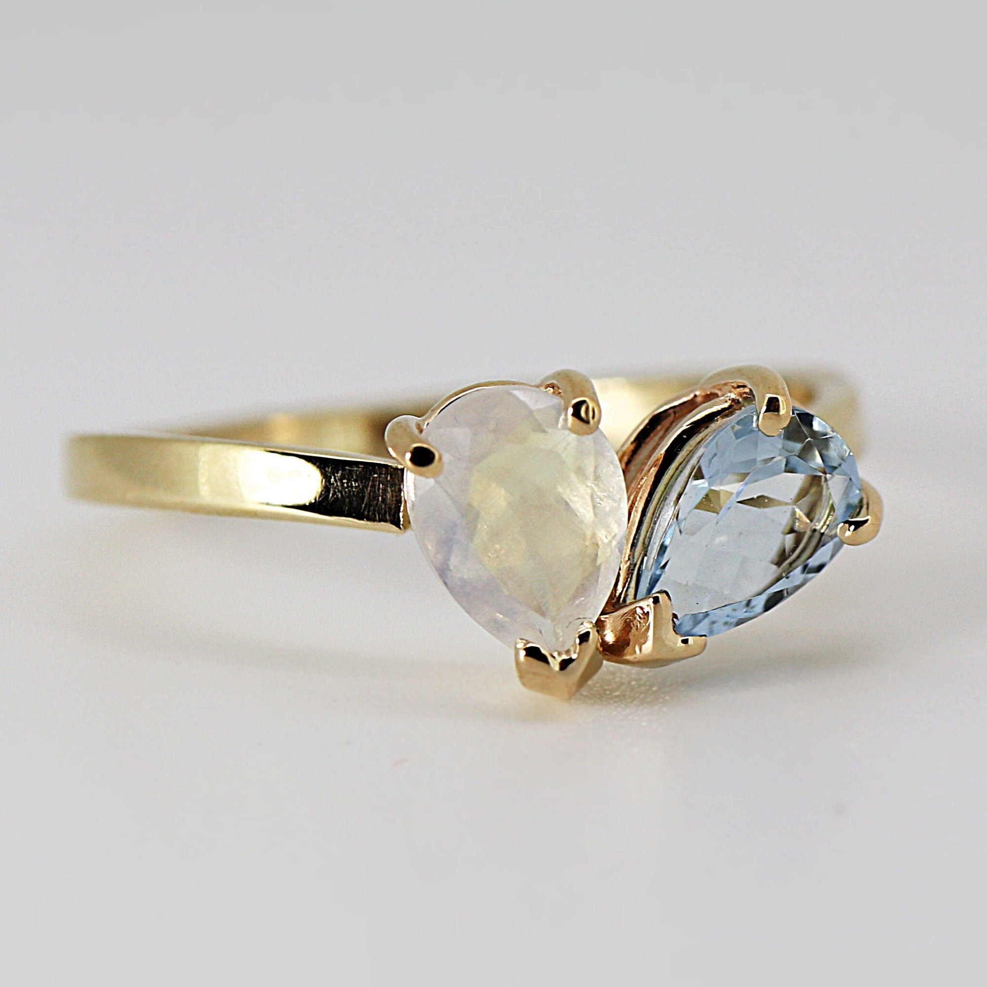 Toi et Moi Ring 14k Gold, Moonstone &amp; Aquamarine Engagement Ring, You and Me Ring