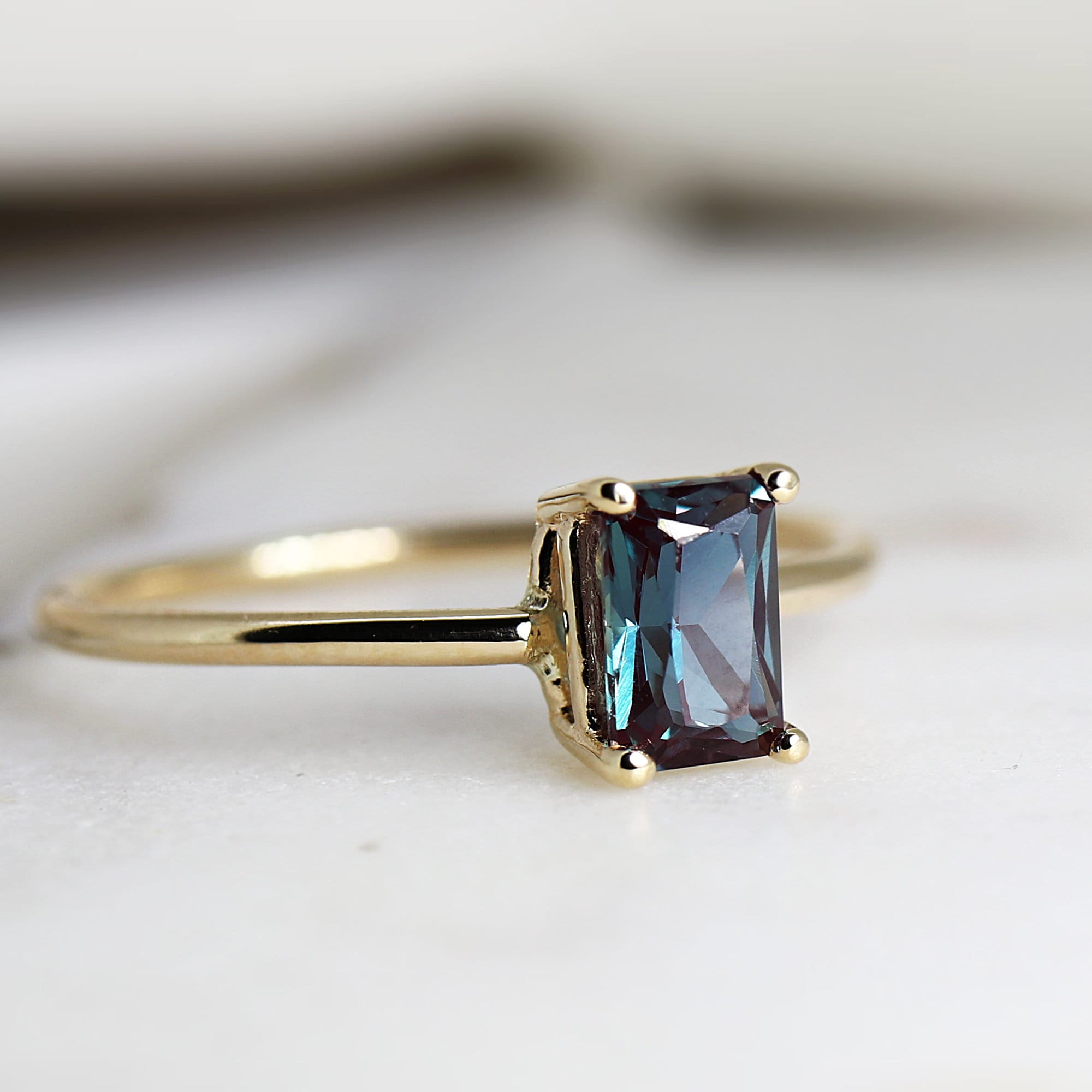 14k Gold Emerald Cut Alexandrite Ring