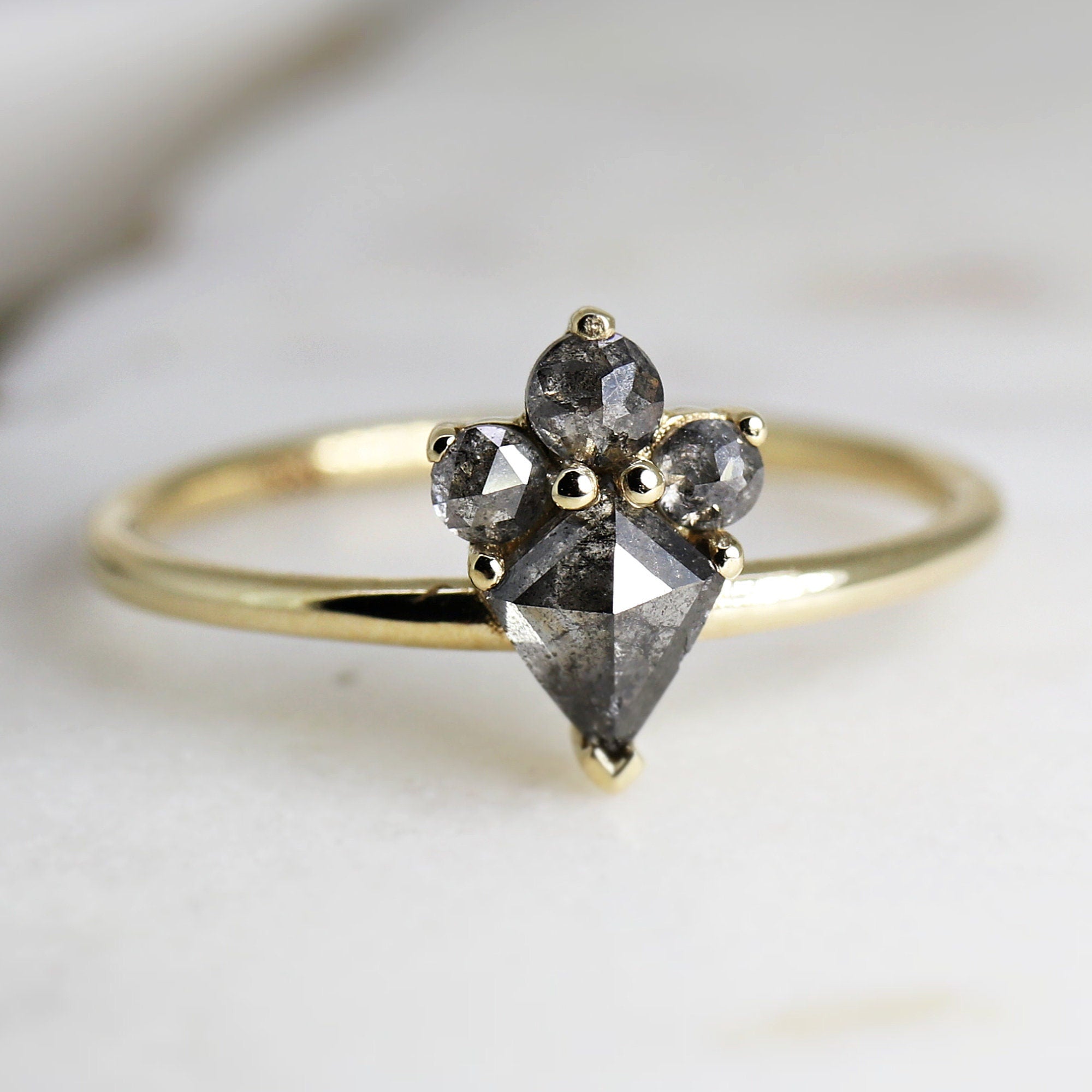 Kite Rose Cut Salt and Pepper Diamond Ring in 14k Yellow Gold