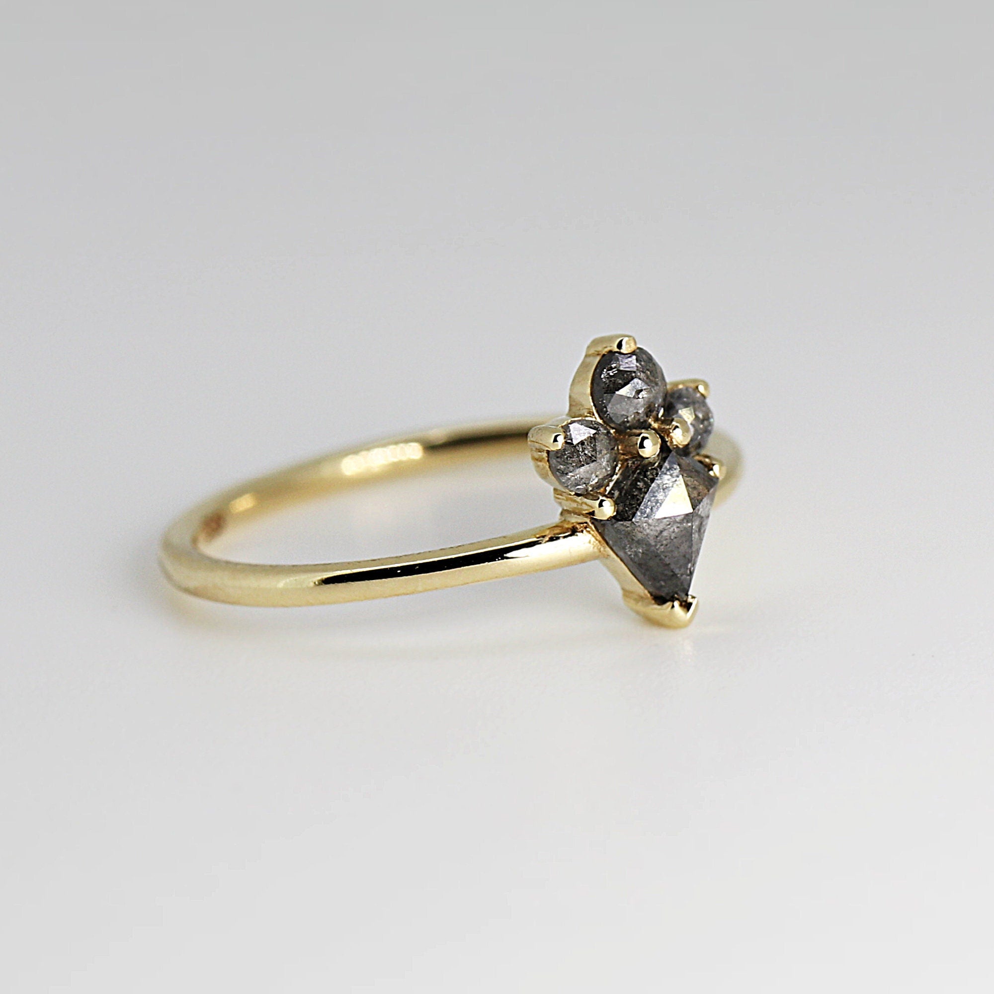 Kite Rose Cut Salt and Pepper Diamond Ring in 14k Yellow Gold