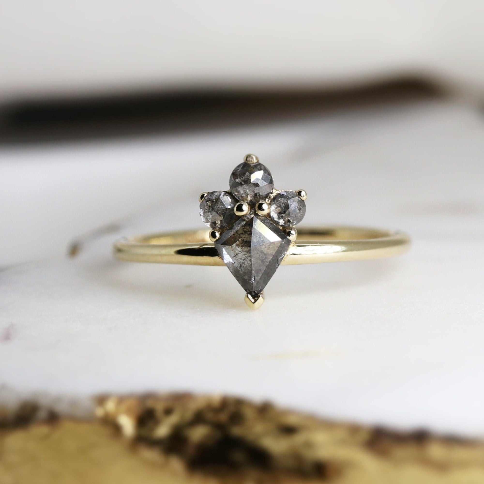 Rose Cut Kite Shape Salt and Pepper Diamond Ring in 14k Yellow Gold - Melt'm Jewelry
