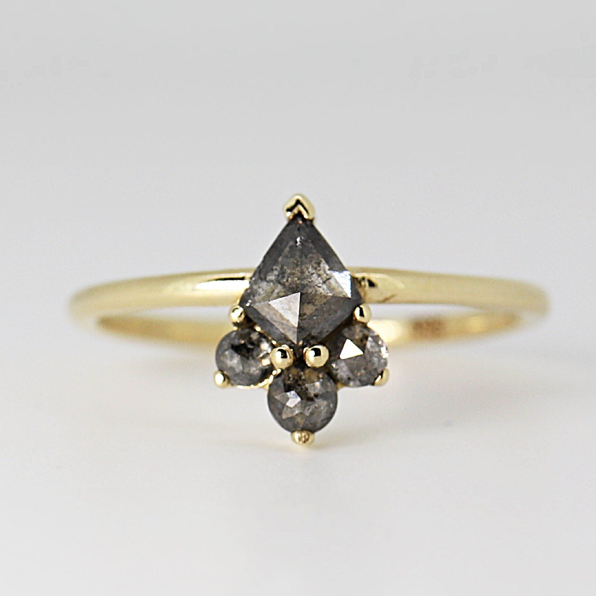 Kite Rose Cut Salt and Pepper Diamond Ring in 14k Yellow Gold