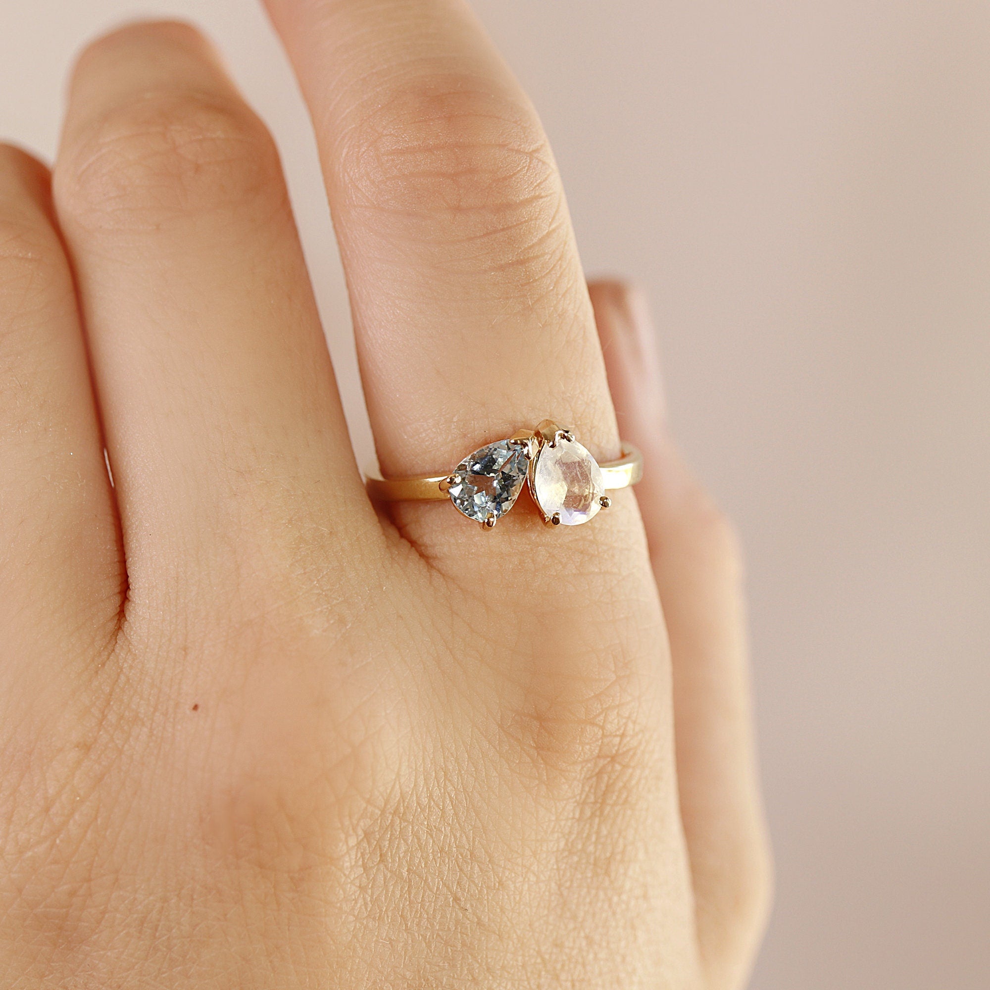 Toi et Moi Ring 14k Gold, Moonstone &amp; Aquamarine Engagement Ring, You and Me Ring - Melt'm Jewelry