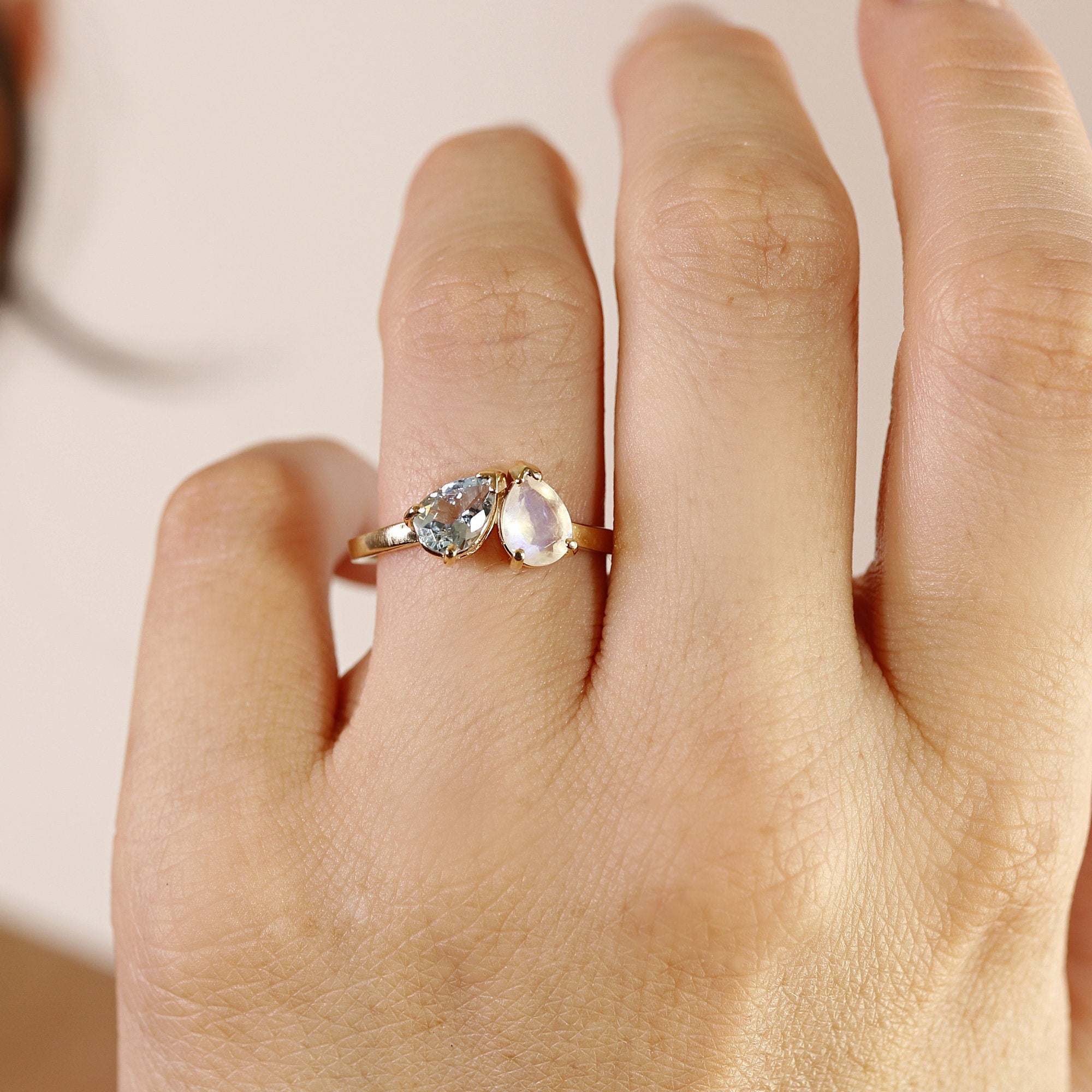 Toi et Moi Ring 14k Gold, Moonstone &amp; Aquamarine Engagement Ring, You and Me Ring - Melt'm Jewelry