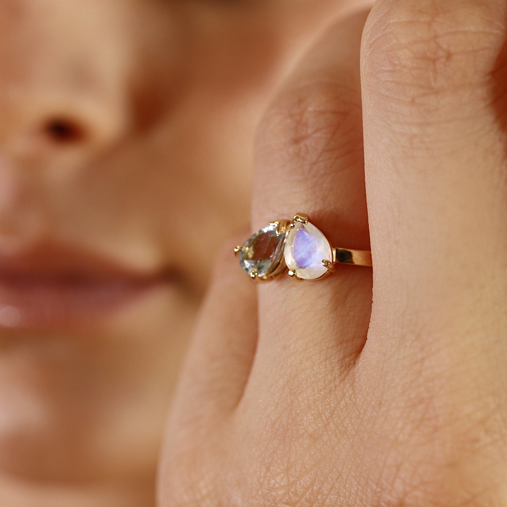 Toi et Moi Ring 14k Gold, Moonstone &amp; Aquamarine Engagement Ring, You and Me Ring - Melt'm Jewelry