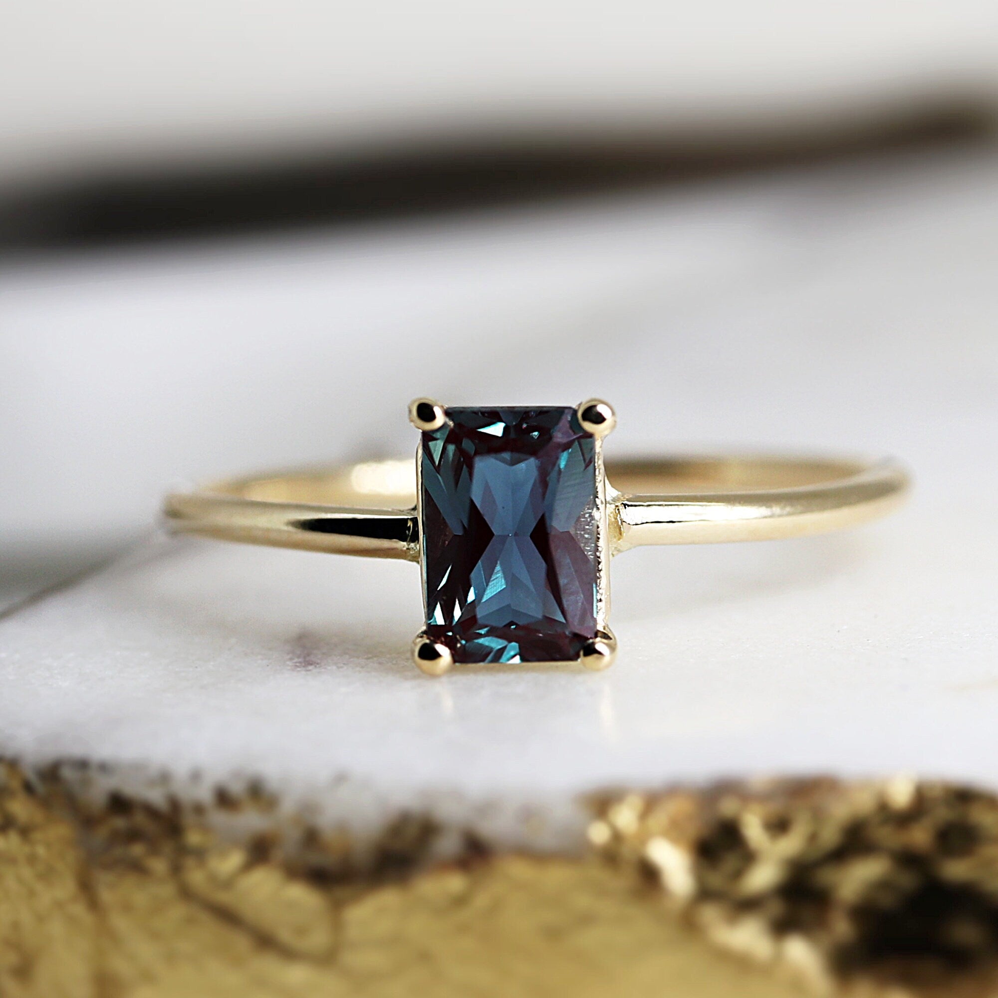 14k Gold Emerald Cut Alexandrite Ring