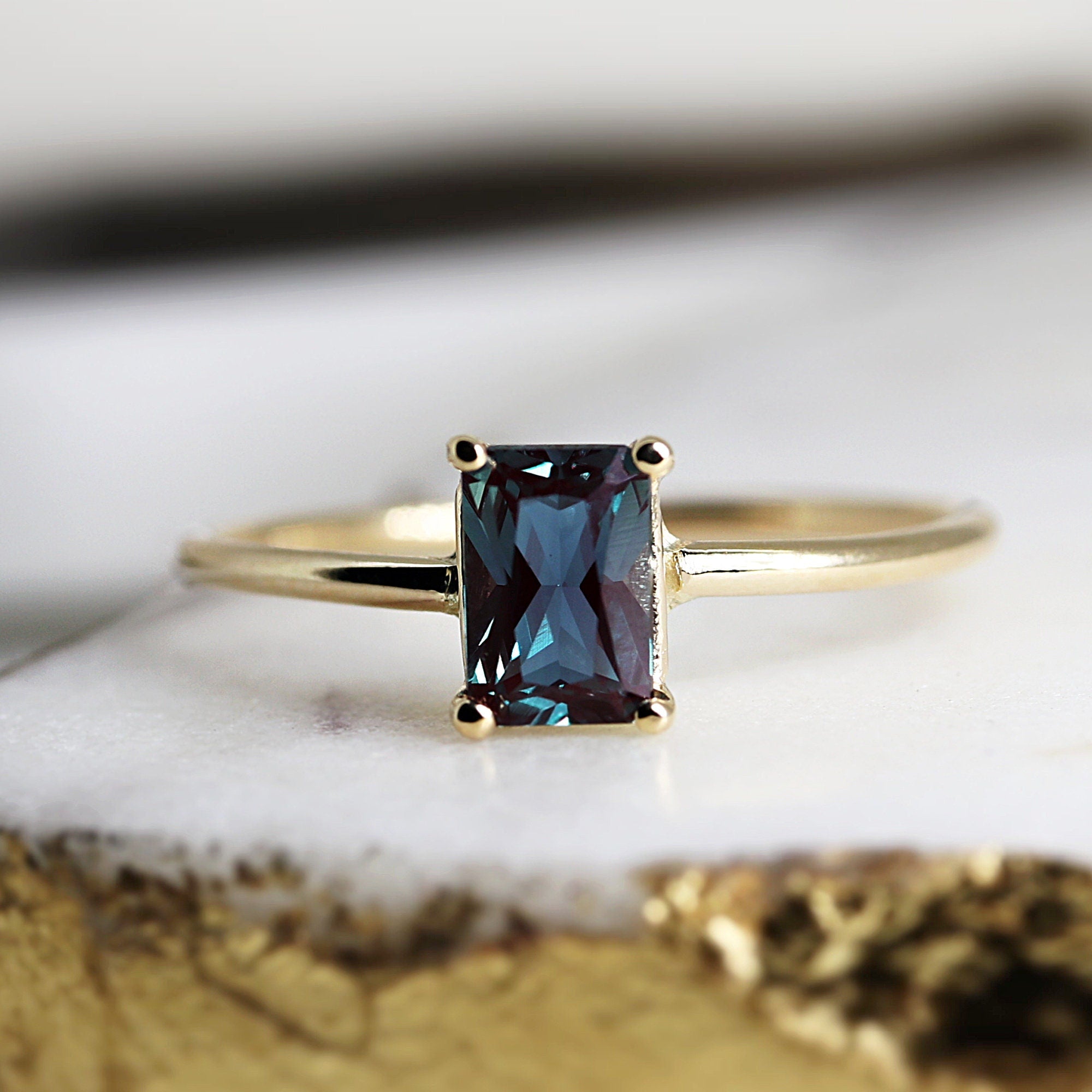 14k Gold Emerald Cut Alexandrite Ring - Melt'm Jewelry