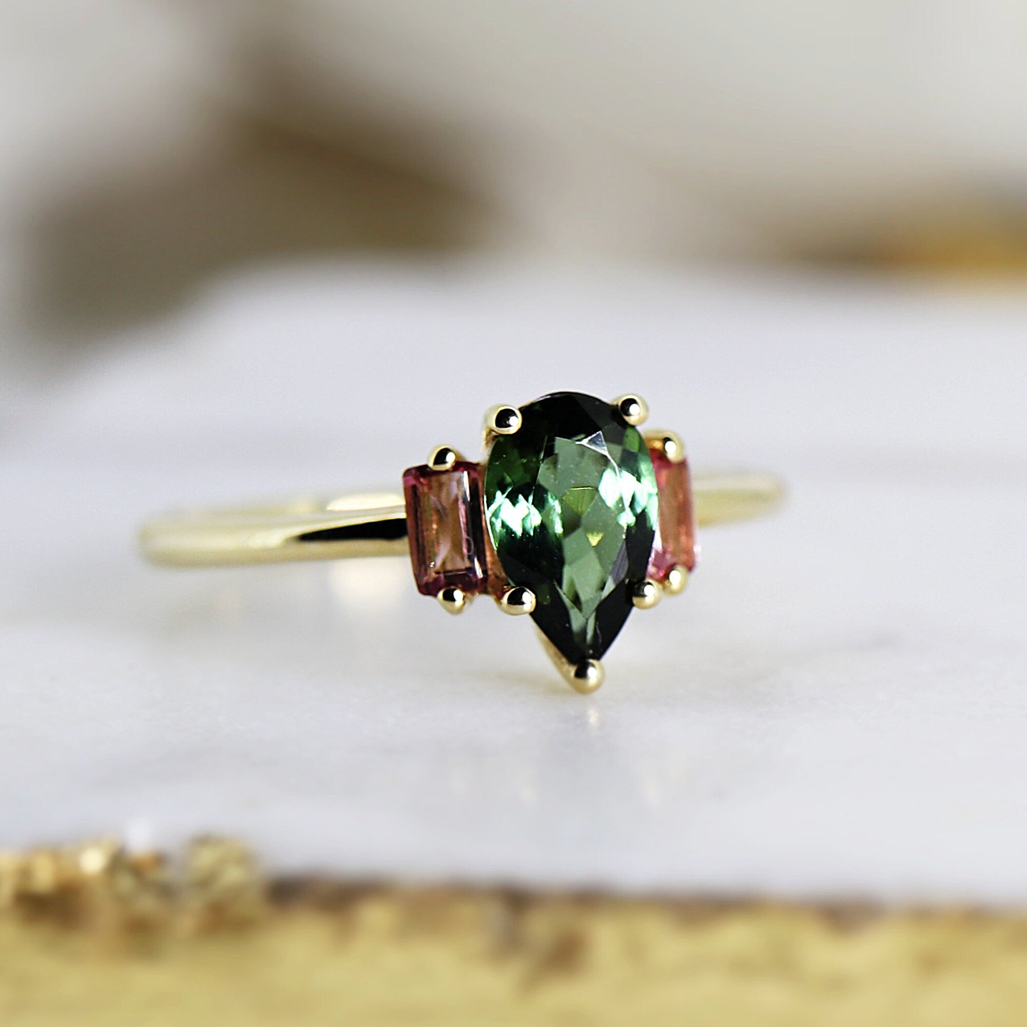 Pear Green Tourmaline Engagement Ring, Three Stone Ring