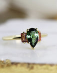 Pear Green Tourmaline Engagement Ring, Three Stone Ring