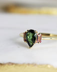 Pear Green Tourmaline Engagement Ring, Three Stone Ring