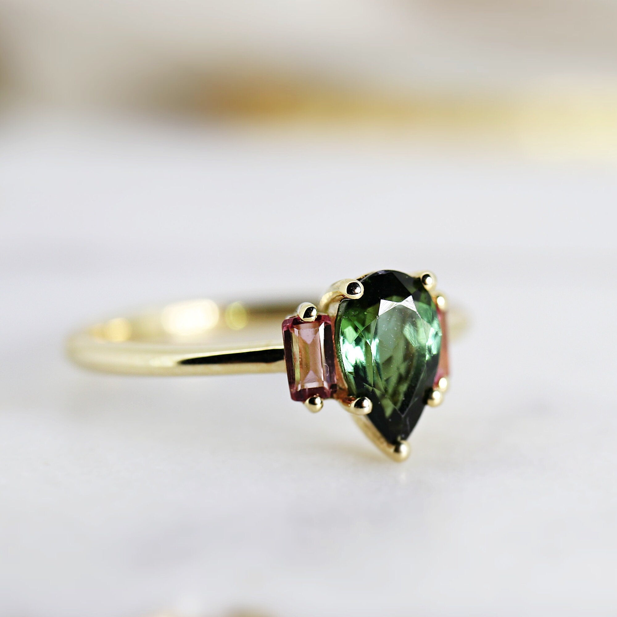 Pear Green Tourmaline Engagement Ring, Three Stone Ring