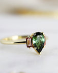 Pear Green Tourmaline Engagement Ring, Three Stone Ring