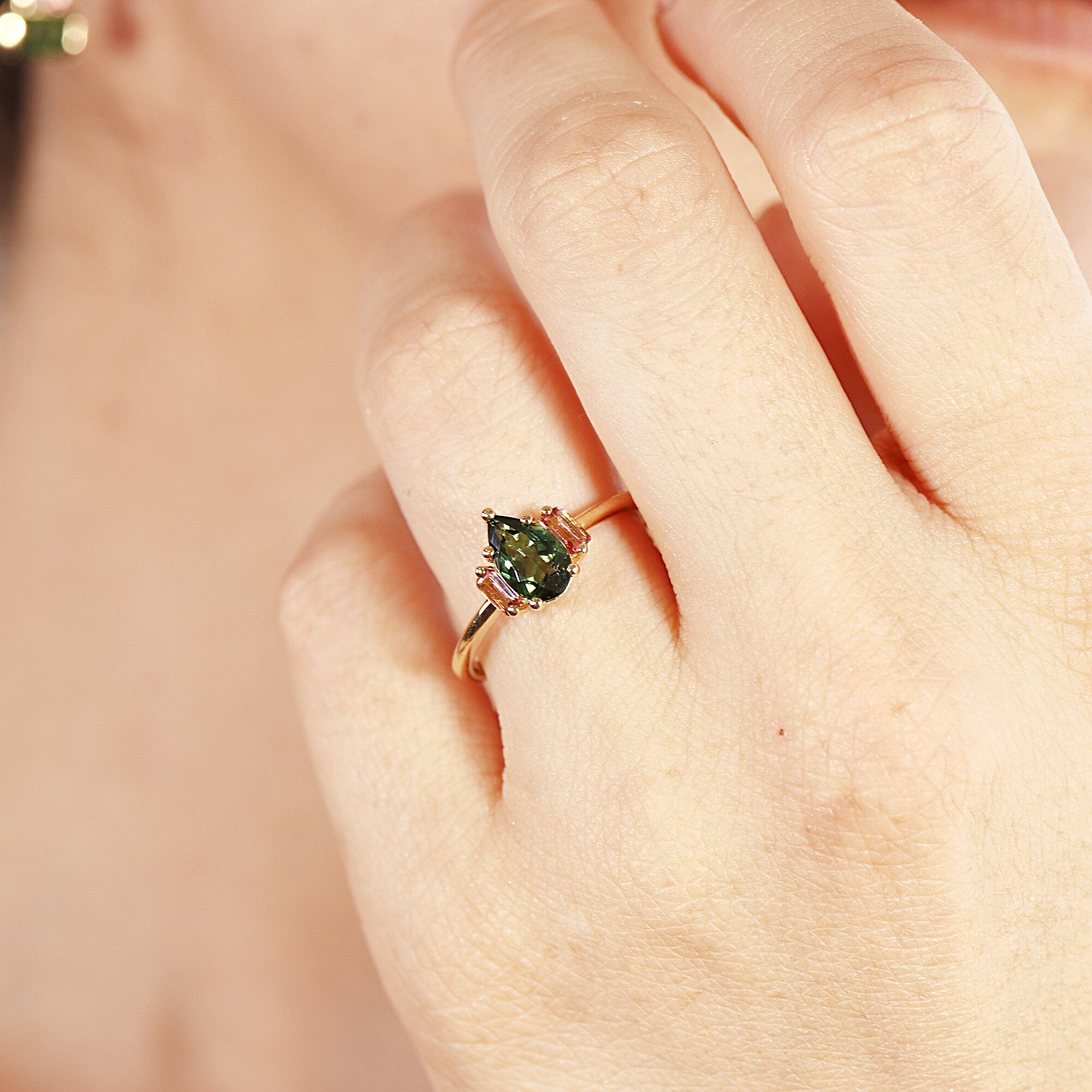 Pear Green Tourmaline Engagement Ring, Three Stone Ring