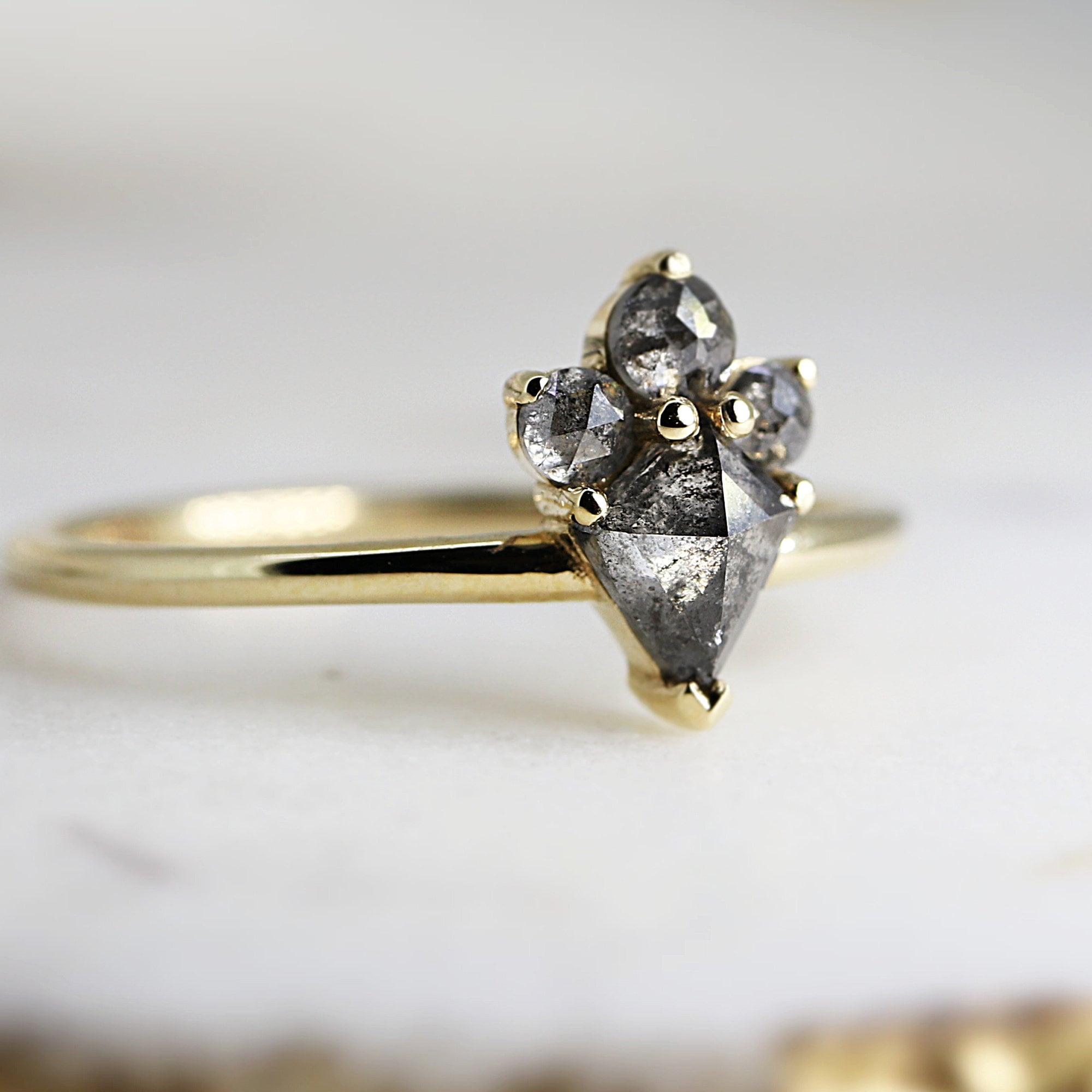 Rose Cut Kite Shape Salt and Pepper Diamond Ring in 14k Yellow Gold - Melt'm Jewelry