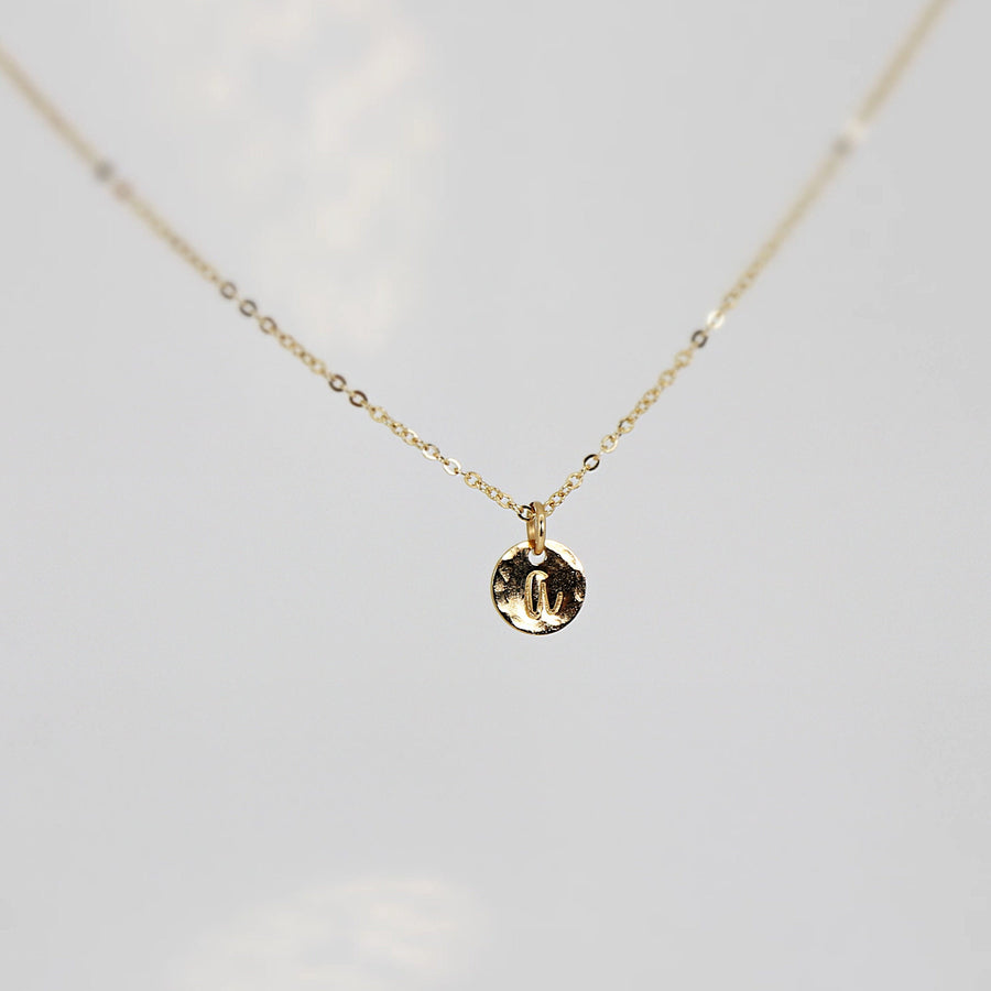 Tiny 14k Solid Gold Dainty Initial Necklace, initial Disc Personalized Necklace, Hand Stamped Letter Necklace