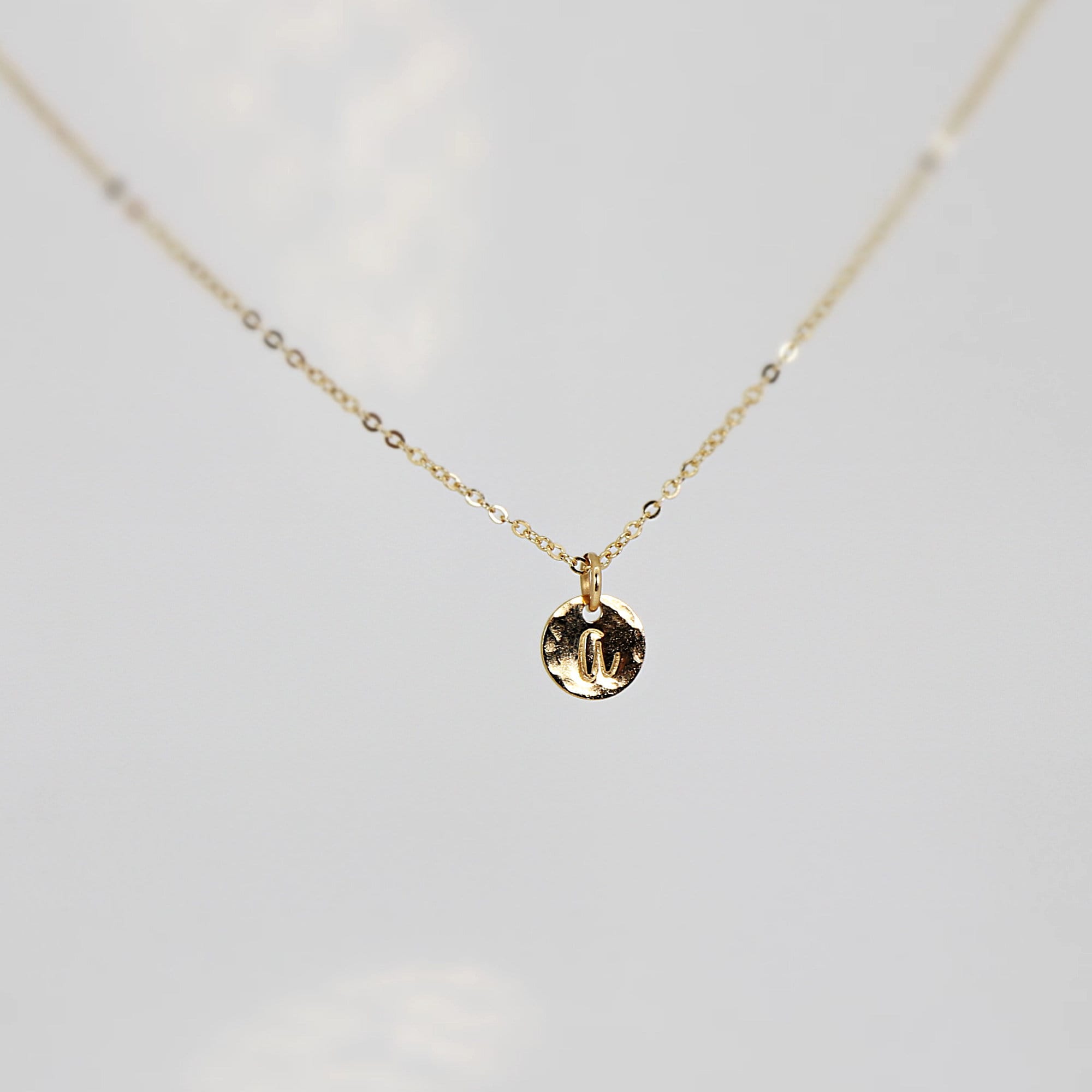 Tiny 14k Solid Gold Dainty Initial Necklace - Hand Stamped