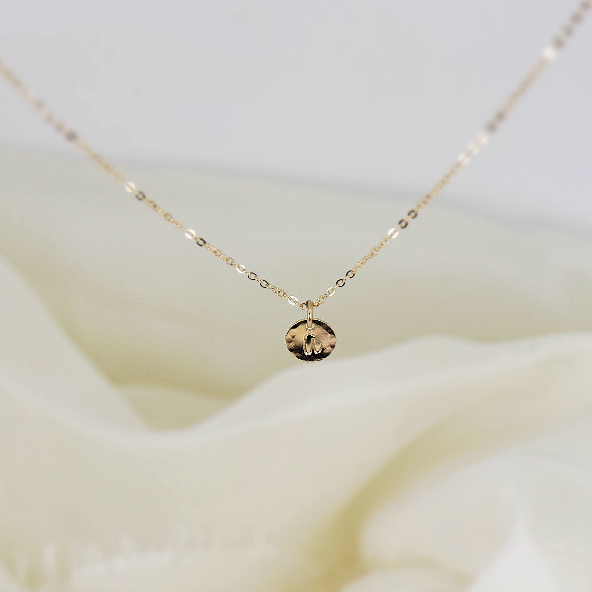 Tiny 14k Solid Gold Dainty Initial Necklace - Hand Stamped - Melt'm Jewelry