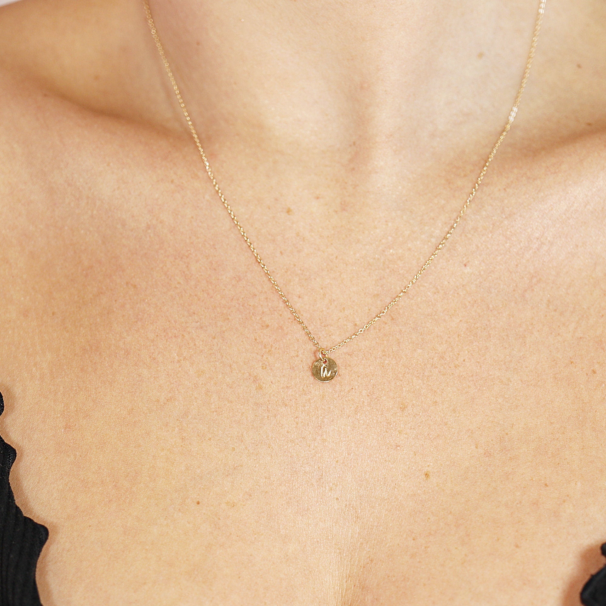 Tiny 14k Solid Gold Dainty Initial Necklace - Hand Stamped - Melt'm Jewelry