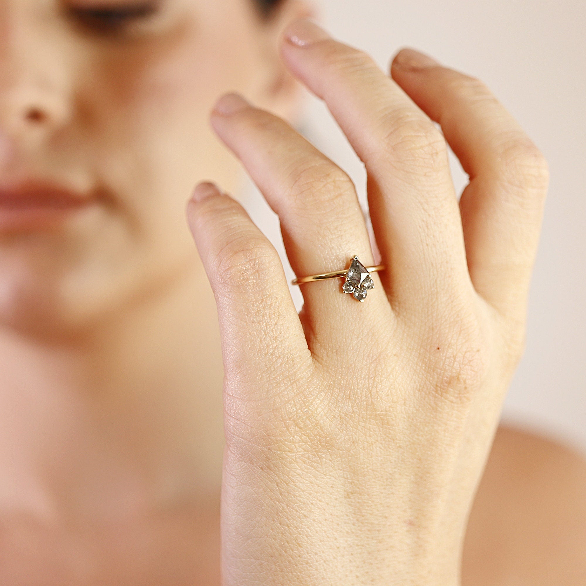 Kite Rose Cut Salt and Pepper Diamond Ring in 14k Yellow Gold