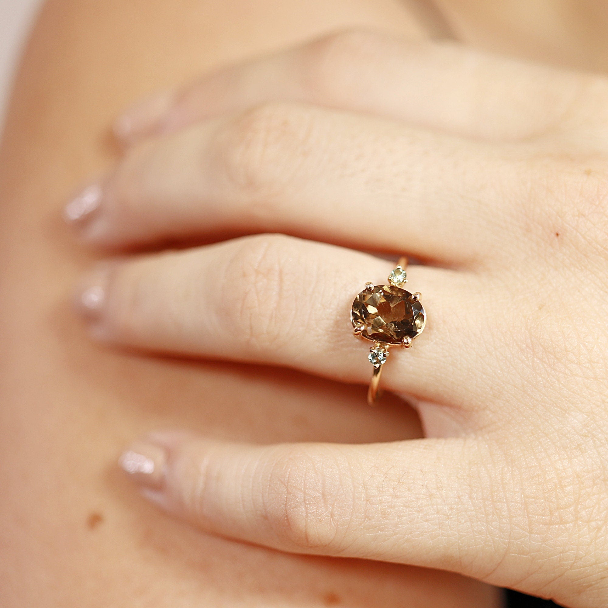 14k Gold Diamond and Oval Smokey Quartz Ring