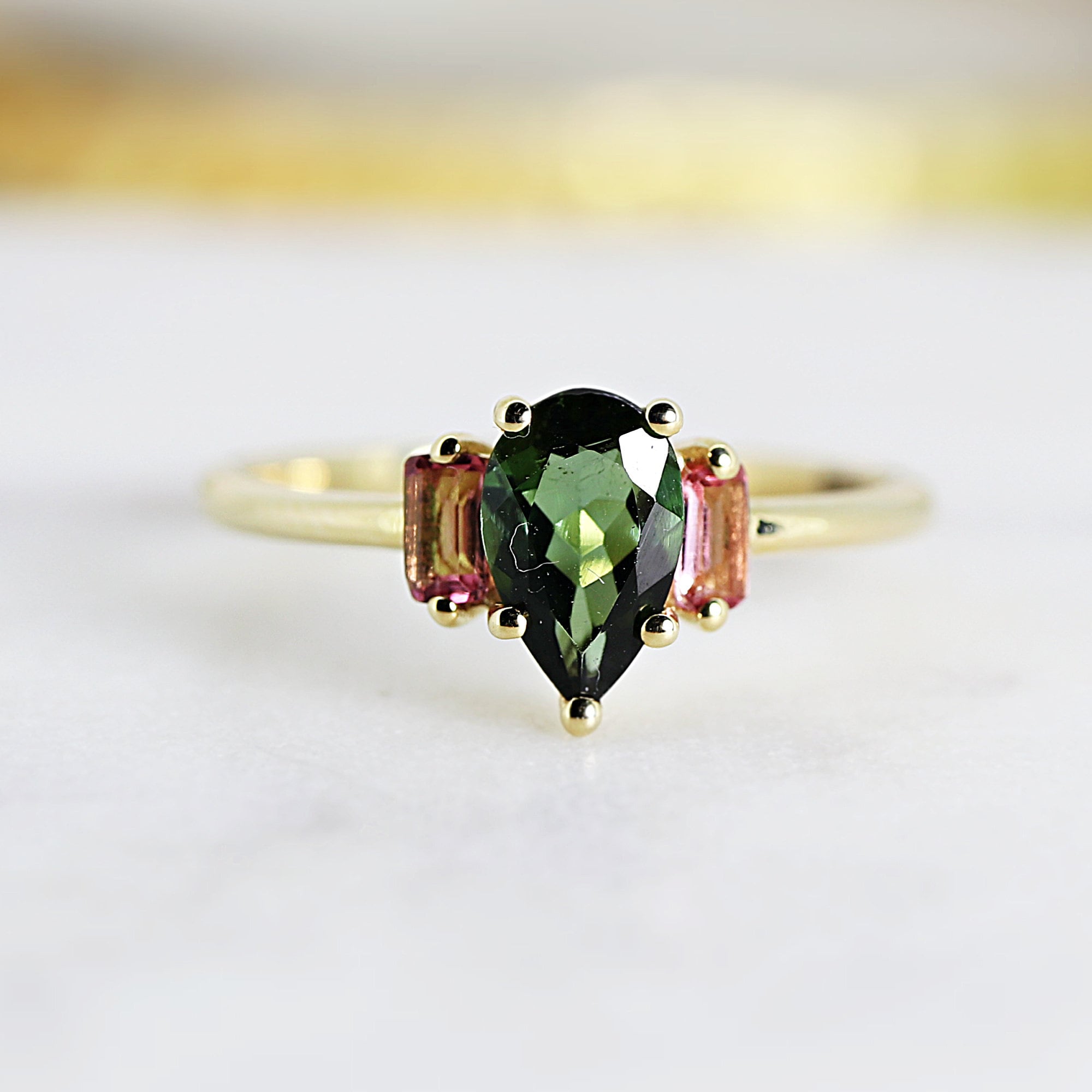 Pear Green Tourmaline Engagement Ring, Three Stone Ring