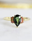 Pear Green Tourmaline Engagement Ring, Three Stone Ring